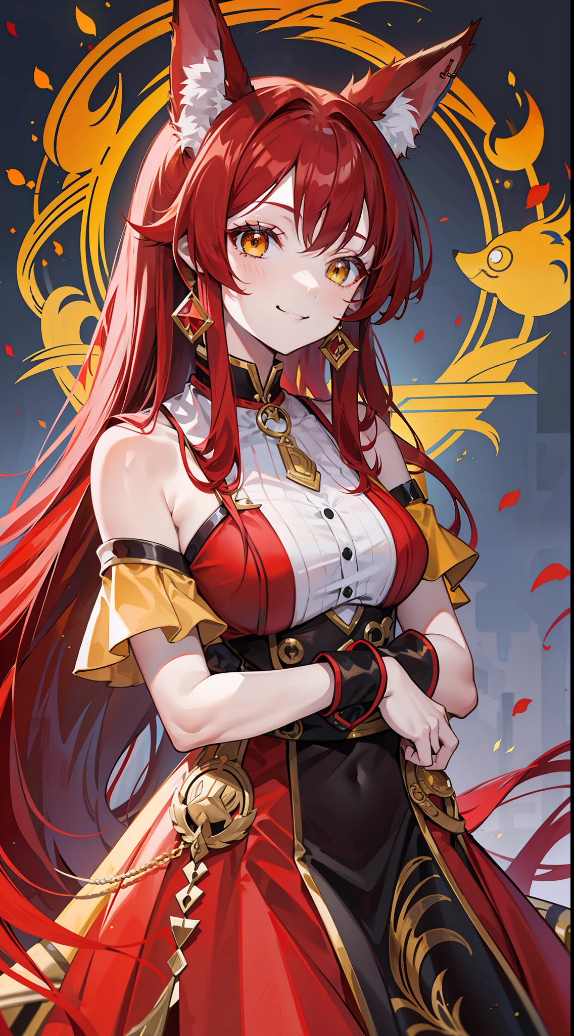 Adult girl, long red hair, high ponytail, yellow eyes, fox ears, red rich dress, open shoulders, smile, masterpiece, high quality