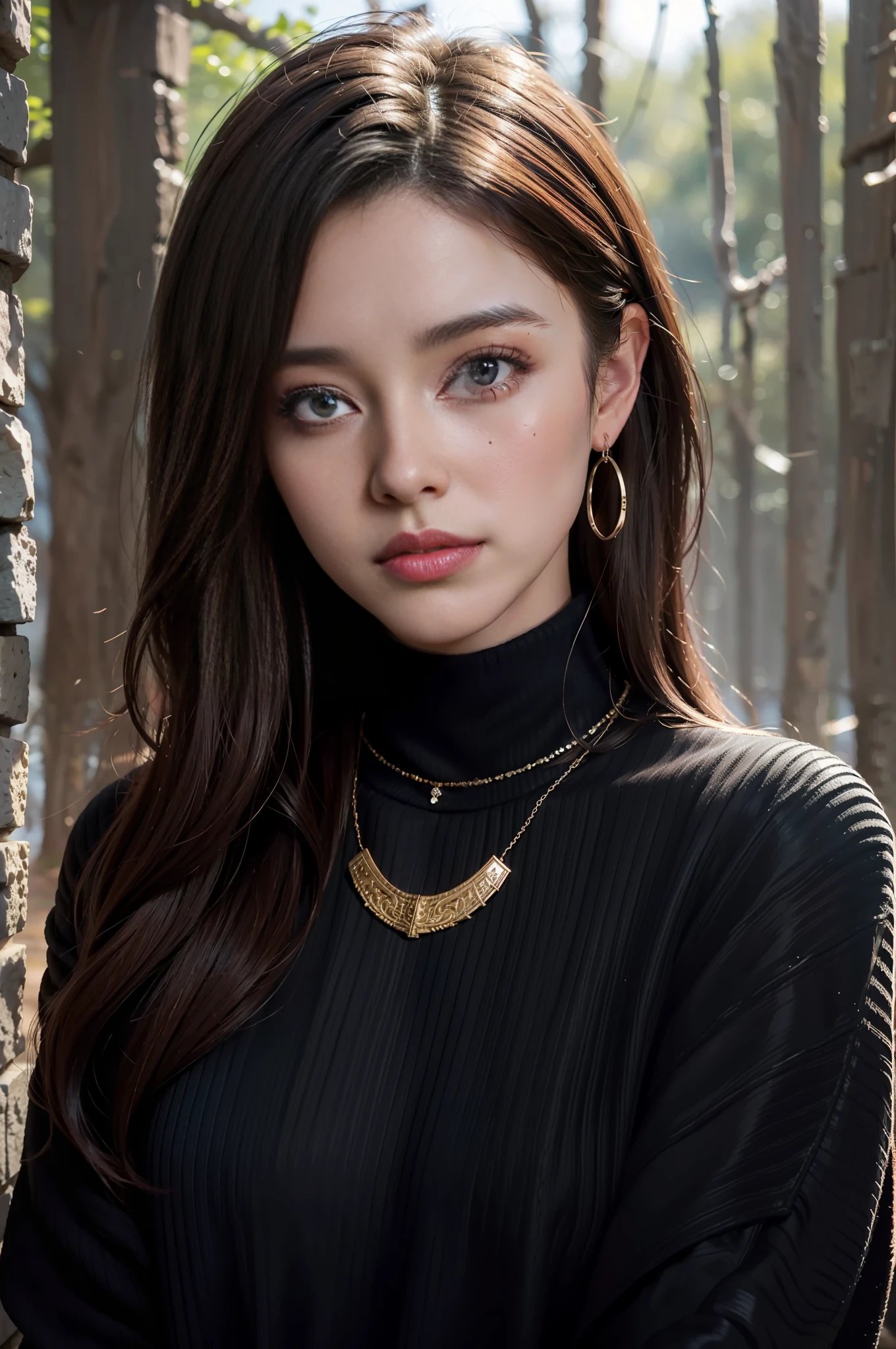 1girl, portrait, brown hair, long hair, beautiful haircut, intricate details, beautiful face, beautiful woman, upper body, black jacket, red turtleneck sweater, necklace, blue eyes, nature background, depth of field, detailed background, straight hair,