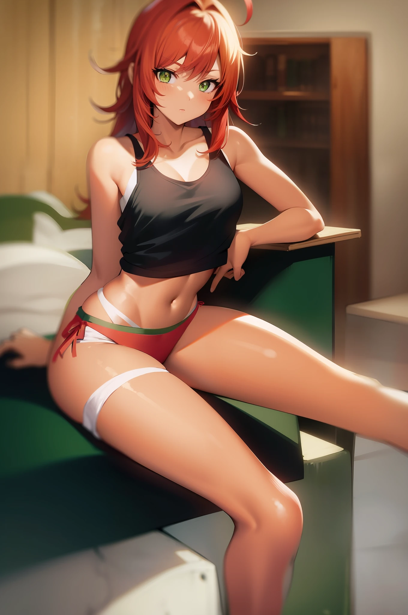 Anime girl, red hair, black tanktop, green eyes, tan line, green panties, small breast, naked