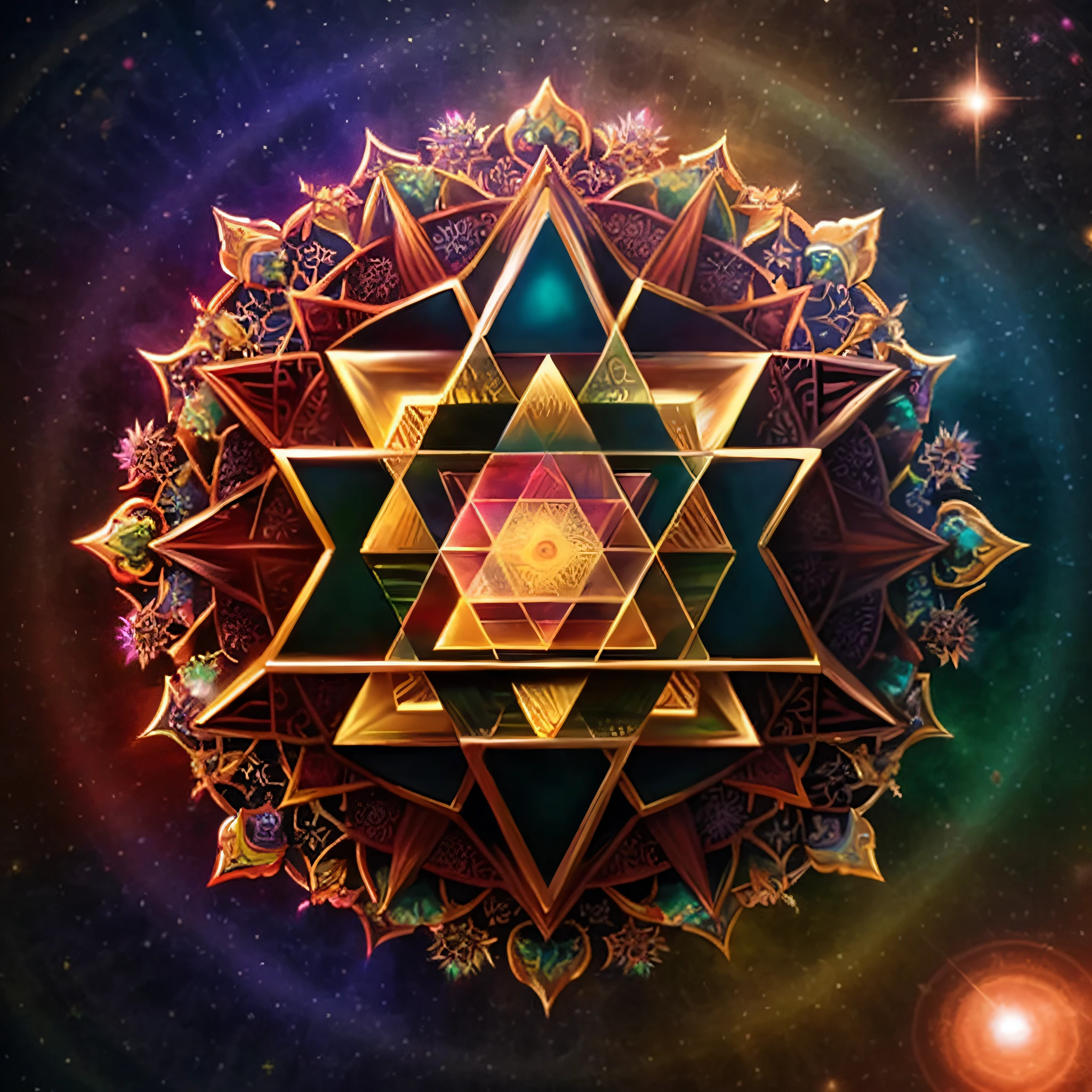 Sri Yantra with a colorful cosmic background, sacred fractal structures, fractal sacred geometry, sacred geometry, overlaid sacred geometry, geometry and astrology, sacred geometry melting, holy geometry, enlightenment tripping on dmt, visionary art style, galactic dmt entity, cosmic enlightenment, sacred geometry pattern, infinite fractal tesseract, epic shamanic dmt art