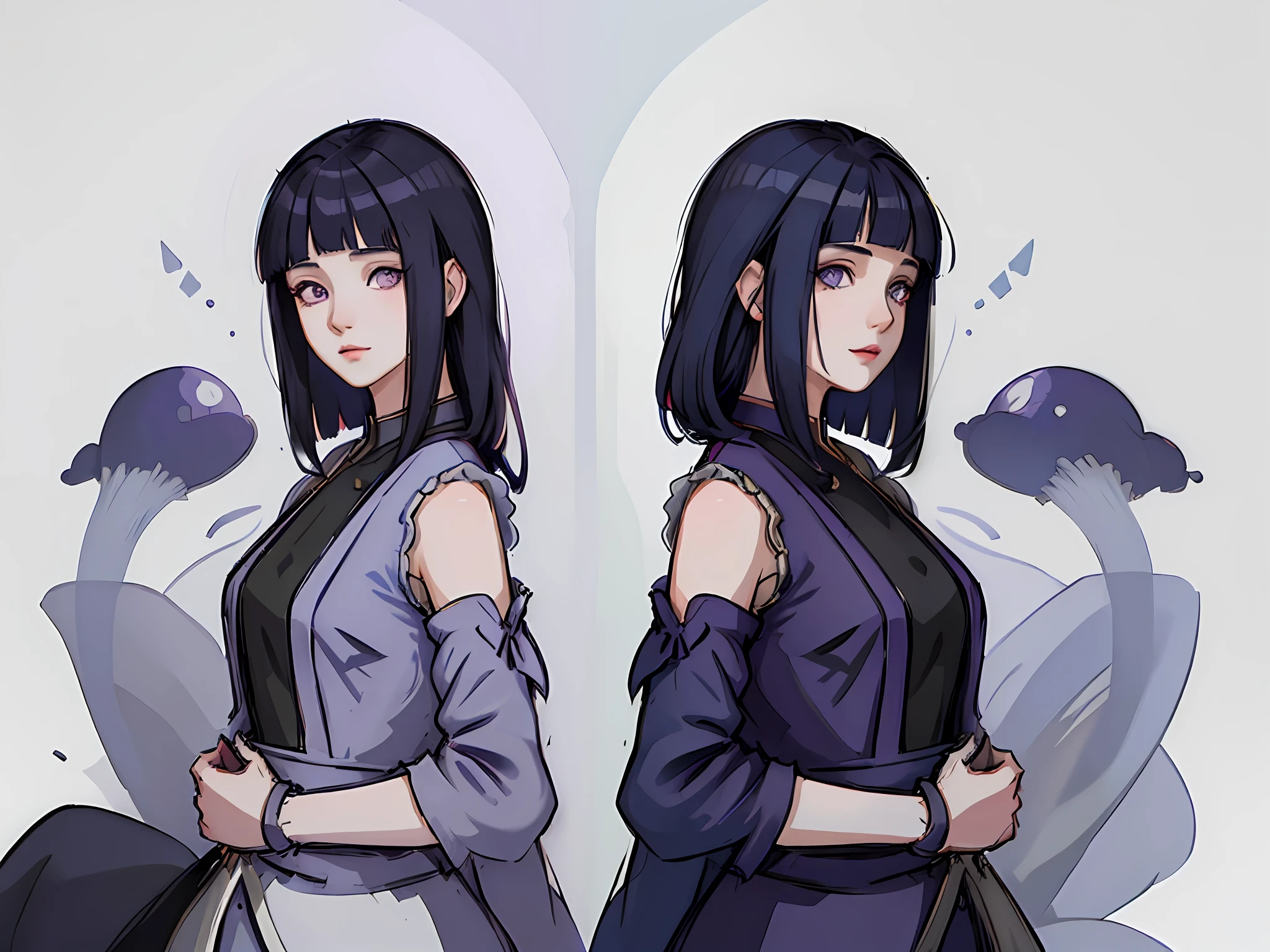 ((masterpiece)),(((best quality))),(character design sheet,same character,front,side,back),illustration,1 girl,dark blue hair,blunt bangs, long hair, purple eyes, beautiful eyes,environment Scene change, pose too, gorgeous princess dress, magic, (simple background, white background: 1.3), hinata/(boruto/)