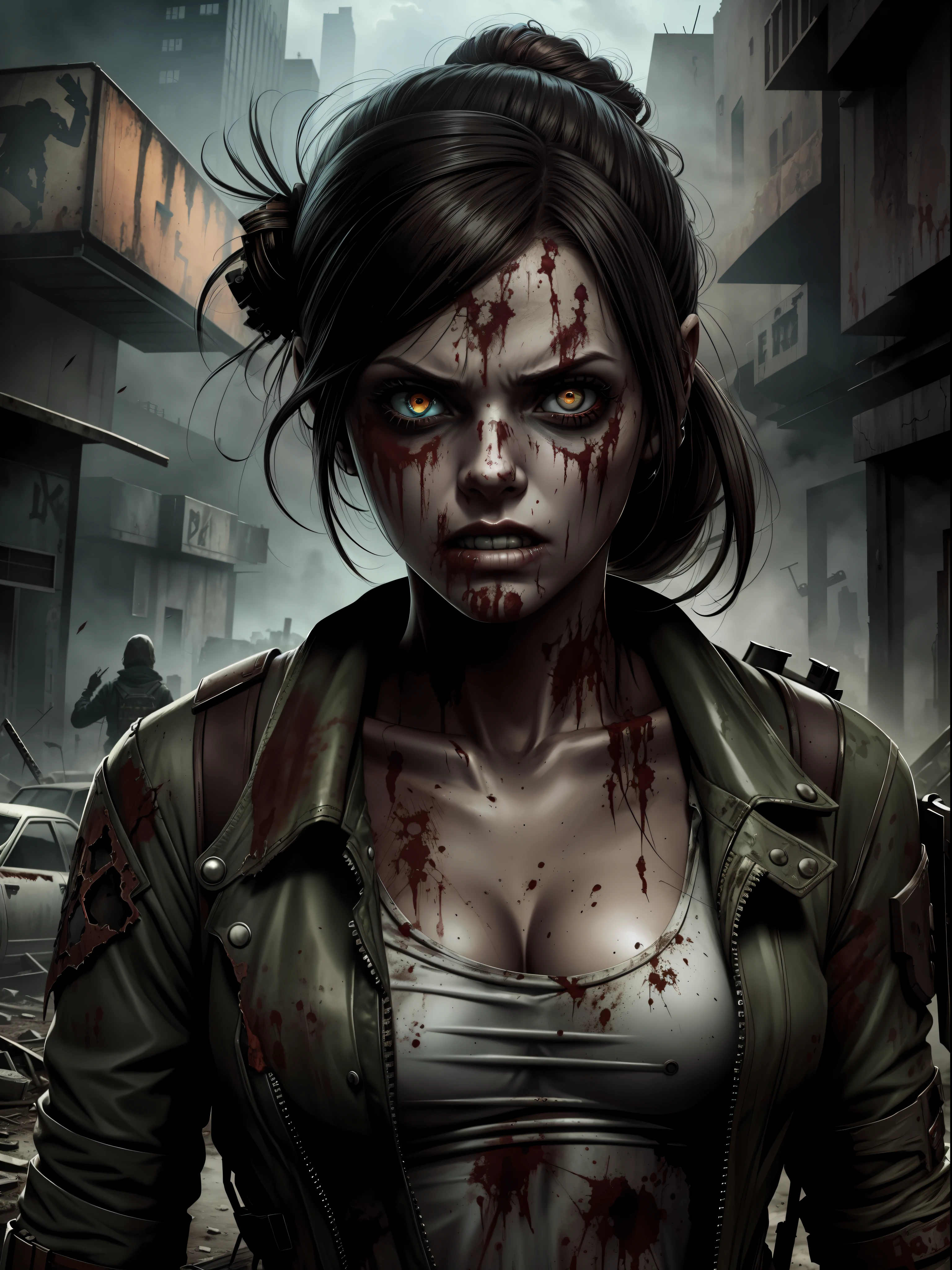 Post apocalyptic world, Zombie girl, beated up, deformed, Mutated