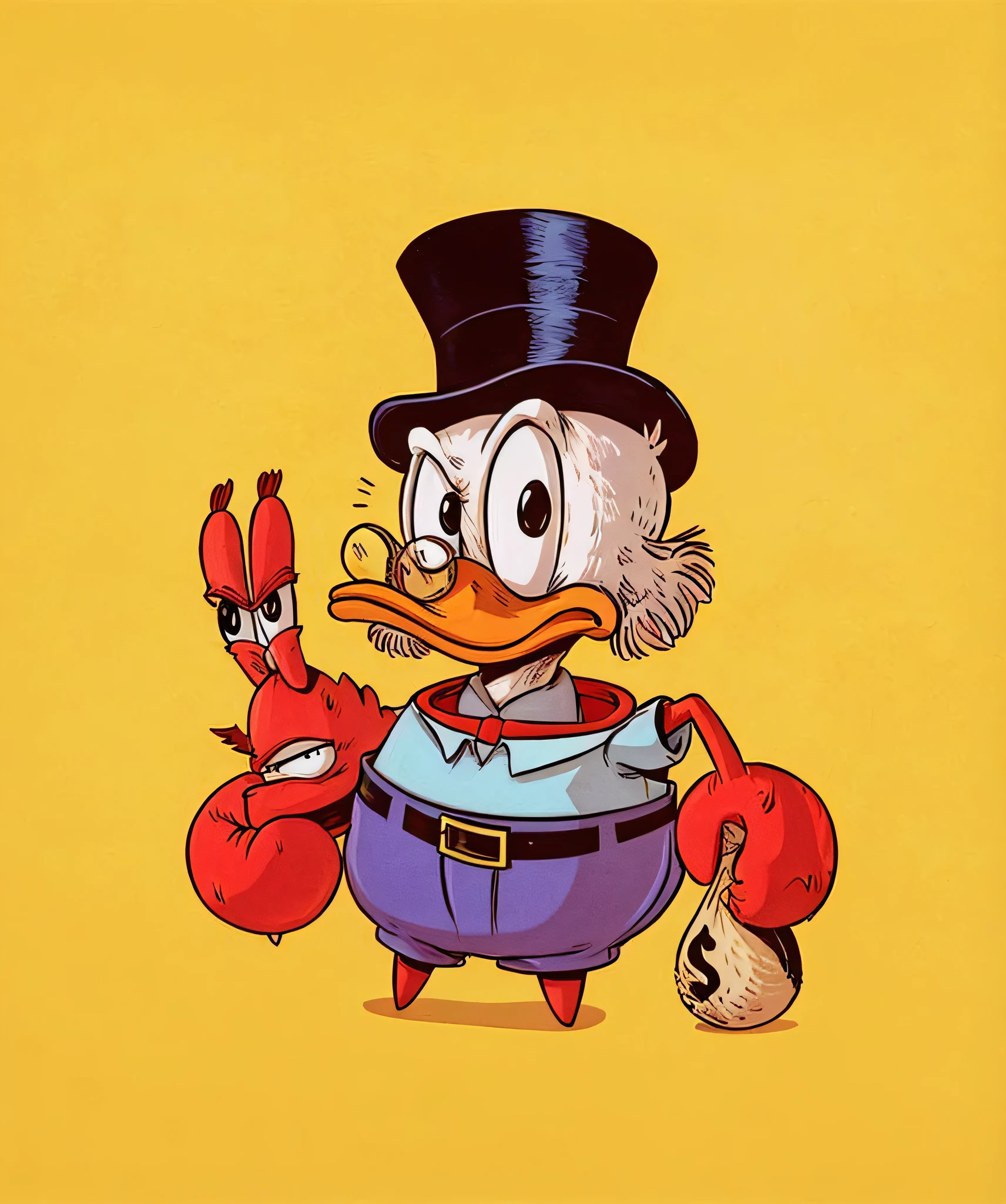 donald duck with lobsters and a top hat, donald duck, inspired by Jacob Duck, quackery, by Jacob Duck, donald duck in real life, inspired by Carl Barks, the macho duck, by Eddie Mendoza, the bird is wearing a bowtie, loony tunes style, funny illustration, ren and stimpy style, daffy duck