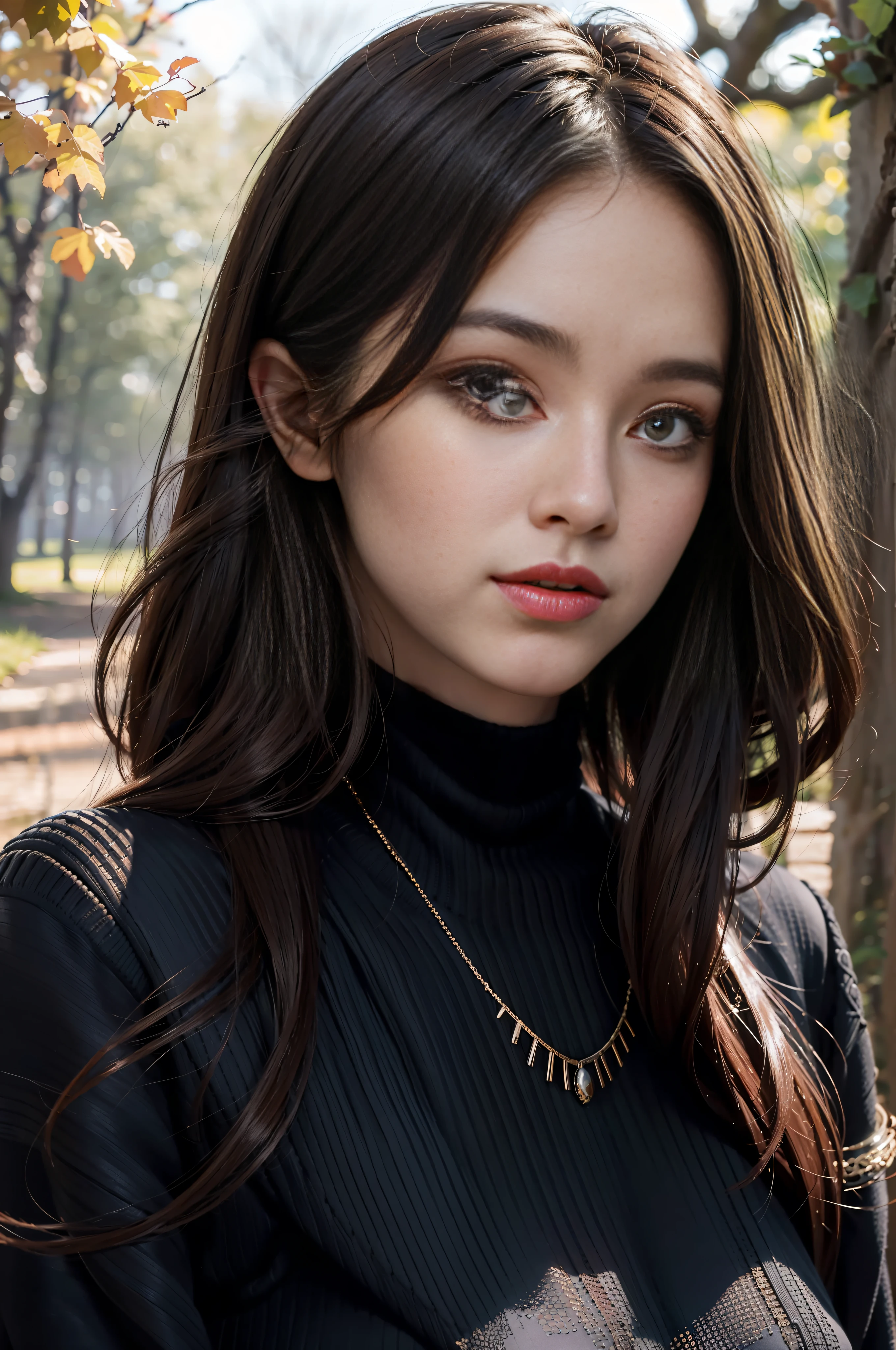 1girl, portrait, brown hair, long hair, beautiful haircut, intricate details, beautiful face, beautiful woman, upper body, black jacket, red turtleneck sweater, necklace, blue eyes, nature background, depth of field, detailed background, straight hair,