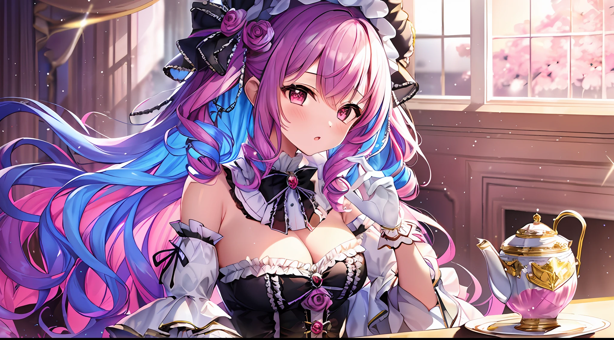 1girl, extreme detail, ta, loliashion, frills, intricate and gorgeous, gloves, afternoon tea, ponette hat, curly hair, macarons, cream, colorful, pink hair, blue hair, gradient pick dye, candy, shiny crystal, shiny, light particles, dynamic pose, dramatic composition, candy hair accessories, colorful dresses, pearls, flowers, embroidery, gem-set
