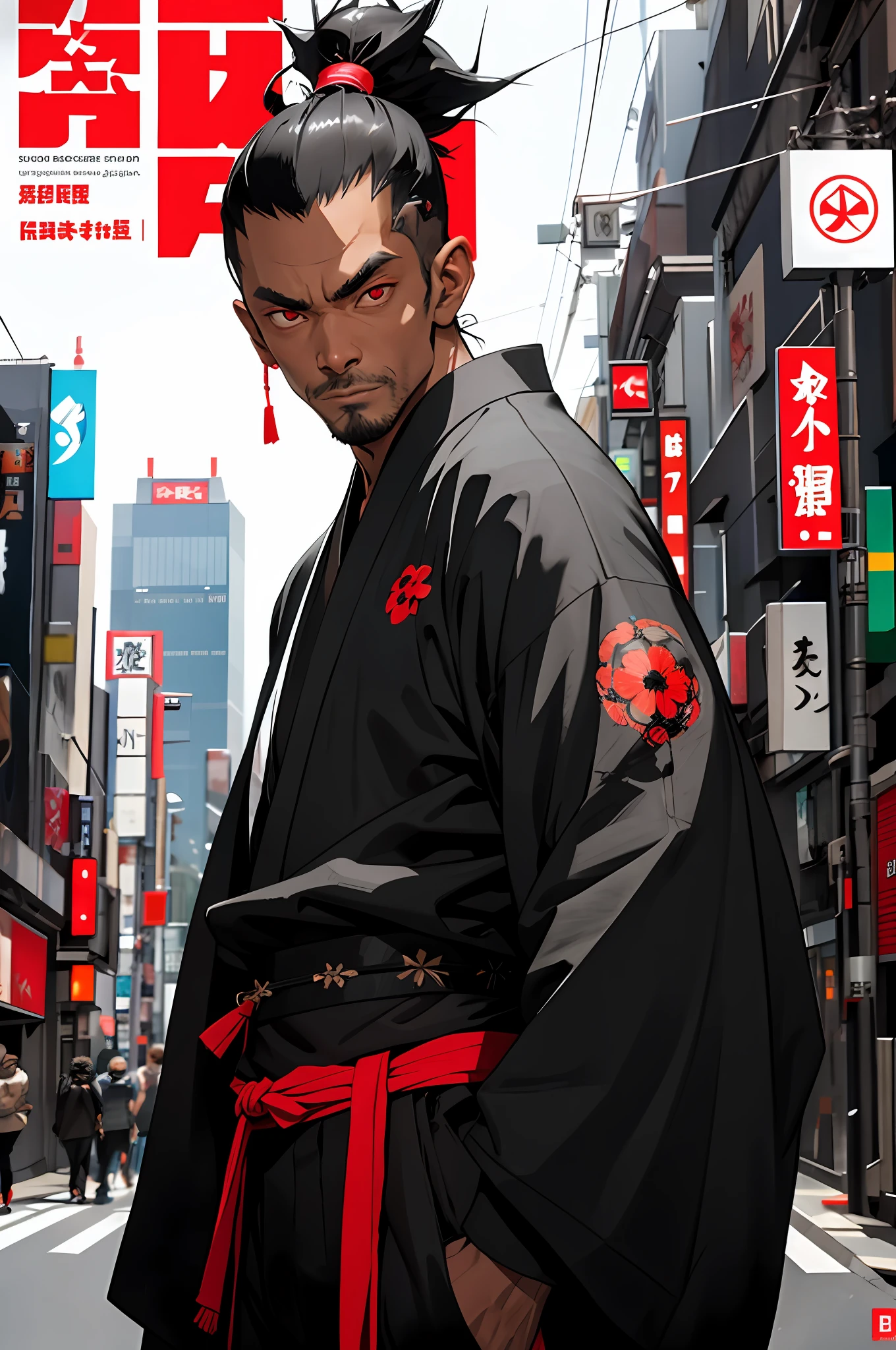 1 black samurai, 1 man, black hair, cyberpunk, street style, streets of Tokyo, bright, with black skin, red eyes, looking at the viewer, upper body, megazine cover, shogum