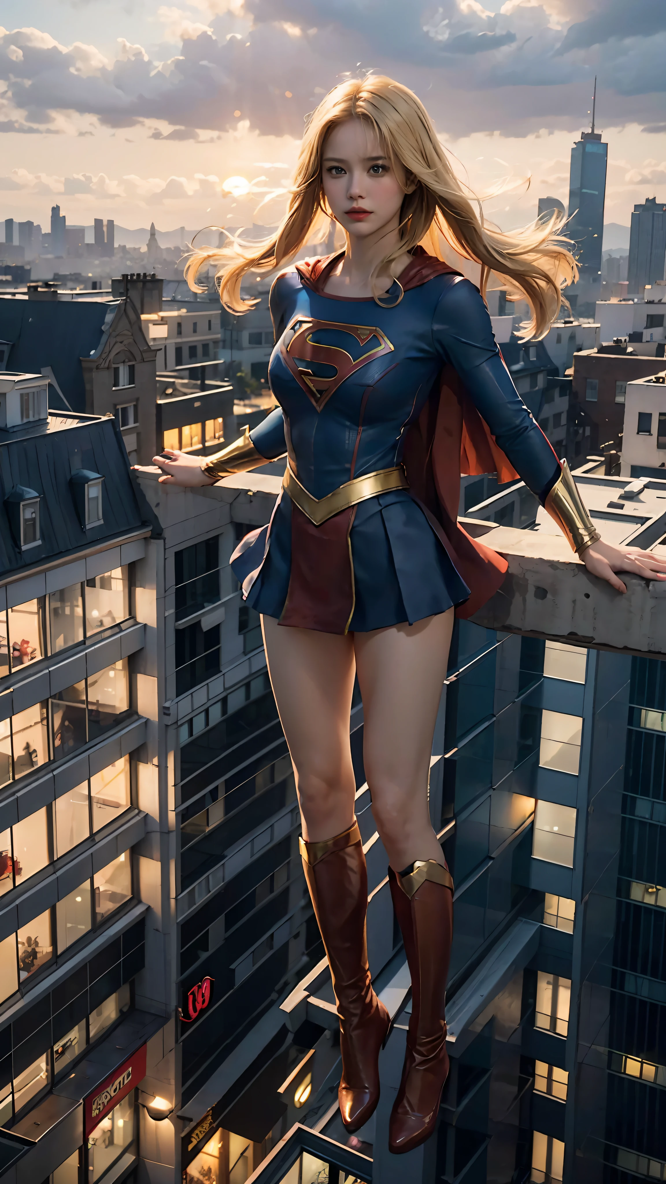 1 woman, Supergirl costume dress, medium breasts, blonde, evening, city, lots of buildings, sunset, ((floating in the air)), full body, (from afar))