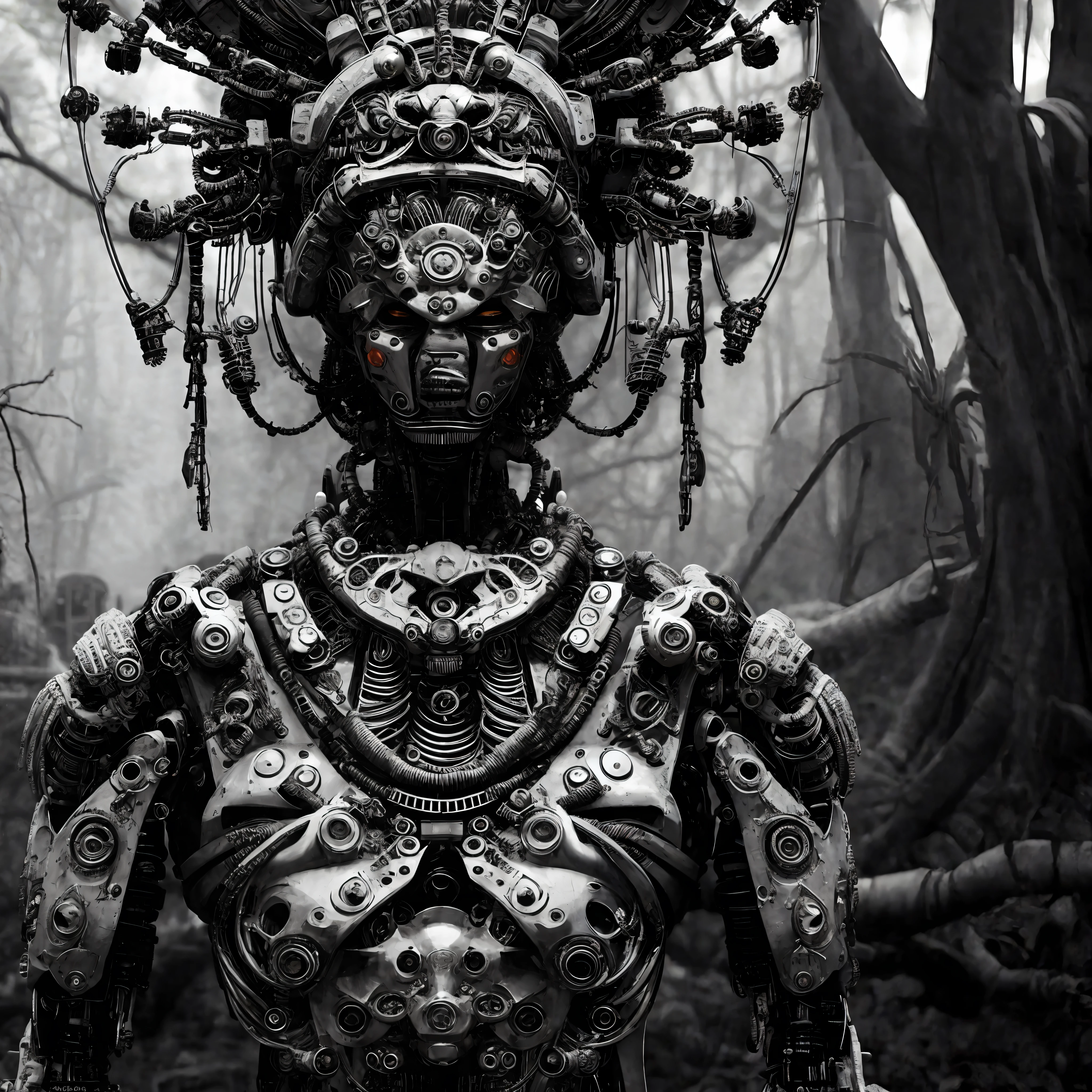 A closeup of a statue of a robot with a headdress, intricate cyborg, mystical post-apocalyptic cyborg, beautiful biomechanical djinn, portrait of a robot shaman, cyborg Hindu godhead body, detailed humanoid, mechanical plant cyborg, intricate cyborg armor, hyper-detailed fantasy character, Giger's armor style, translucent. Biomechanical cyborg, professional photography by Sebastião Salgado