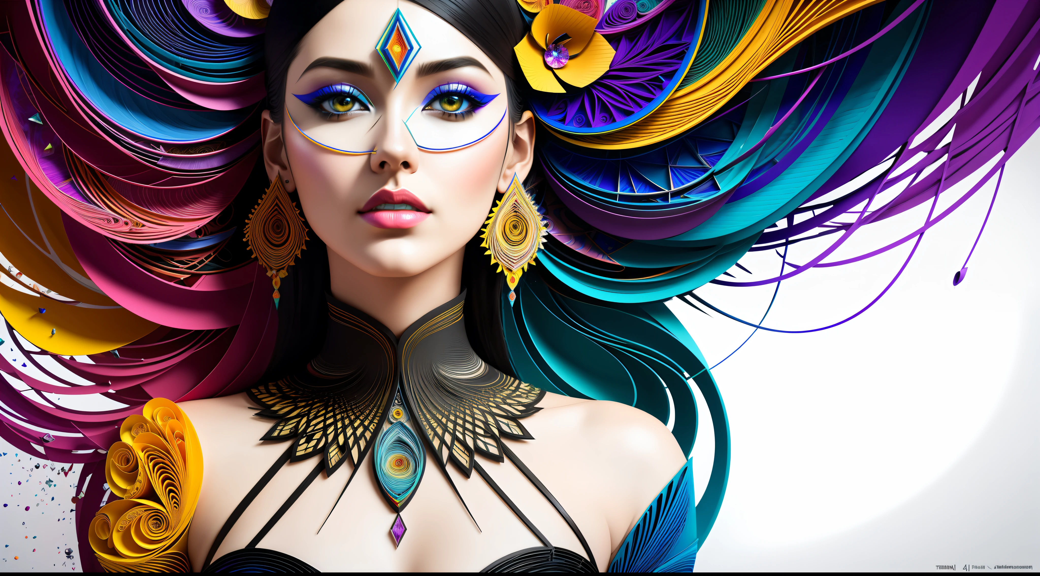 ultra detailed artistic abstract photography of Geometrical Woman, 32k trendy abstract poster of a beautiful woman, hair made of 3D paper quilling design, abstract paper quilling, detailed symmetric hazel eyes with circular iris, shattered paper fragments, natural body posture, by artist russ mills, art by alberto seveso, by Carne Griffiths, by Wadim Kashin, symmetrical, abstract artstyle, intricate complex watercolor painting, sharp eyes, digital painting, color explosion, concept art, voluminetric lighting, TanvirTamim, 3D octane render, 8k. by artgerm, trending on artstation, cinematic 4d, Epic cinematic brilliant stunning intricate meticulously detailed dramatic atmospheric maximalist digital matte painting, realistic, complementary colors