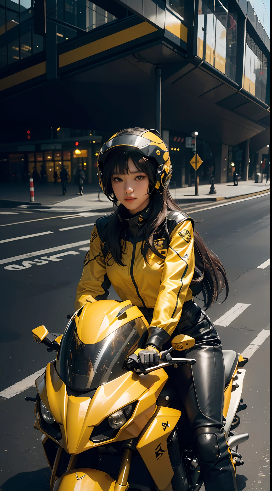 Highest image quality, outstanding details, ultra-high resolution, (realism: 1.4), the best illustration, favor details, highly condensed 1girl, with a delicate and beautiful face, dressed in a black and yellow, wearing a mecha helmet, holding a directional controller, riding on a motorcycle, the background is a high-tech lighting scene of the future city.