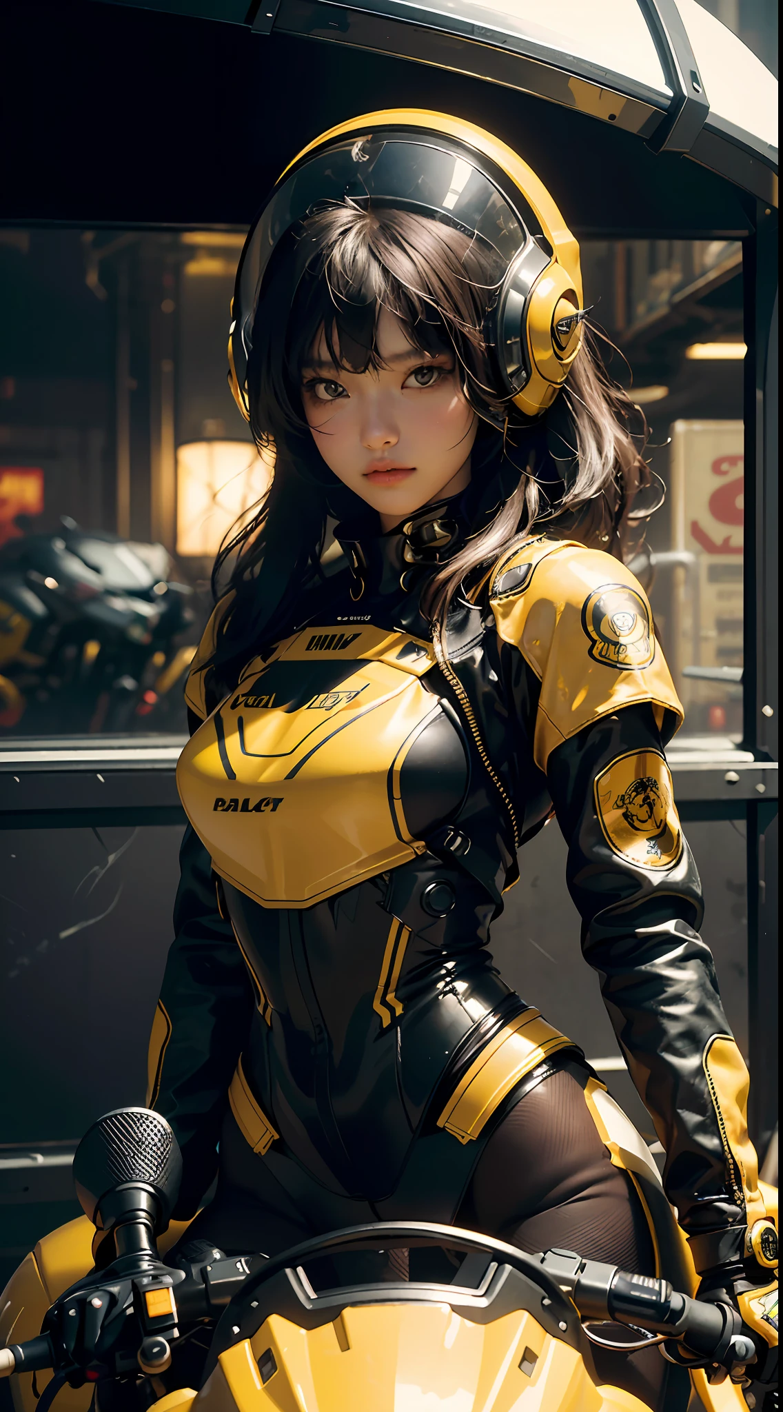 Highest image quality, outstanding details, ultra-high resolution, (realism: 1.4), the best illustration, favor details, highly condensed 1girl, with a delicate and beautiful face, dressed in a black and yellow, wearing a mecha helmet, holding a directional controller, riding on a motorcycle, the background is a high-tech lighting scene of the future city.