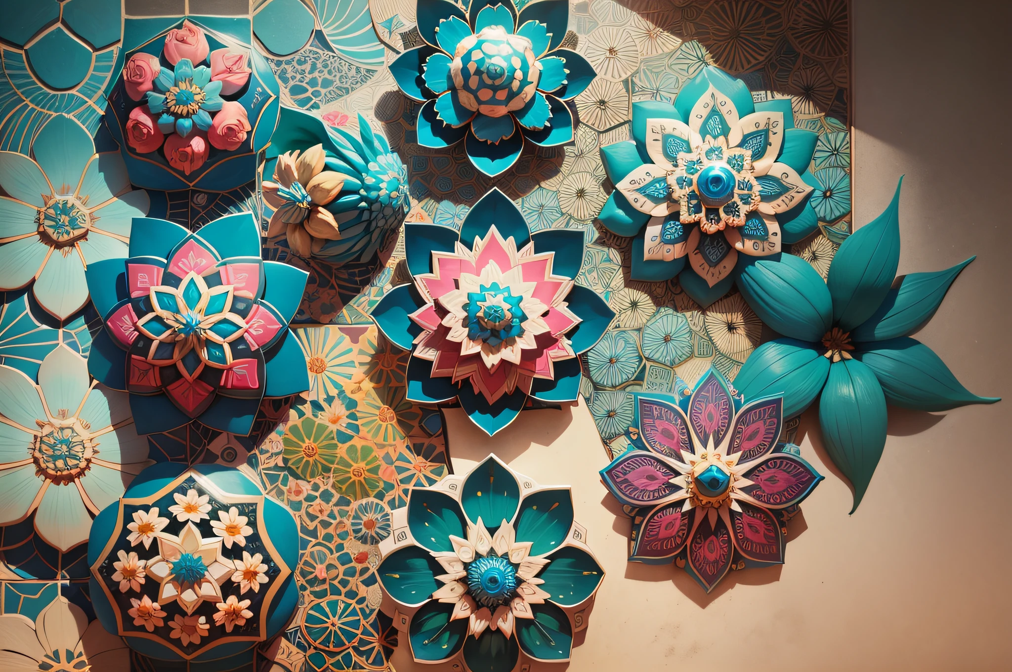 3D Flower Patterns, --AR 3:2, --tile , equirectangular 360, Highres, [(art by Willi Baumeister: 1.1), (art by John T. Biggers: 1.2)::17], official art, 8k unit wallpaper, ultra detailed, aesthetic, masterpiece, best quality, photorealistic --auto --s2