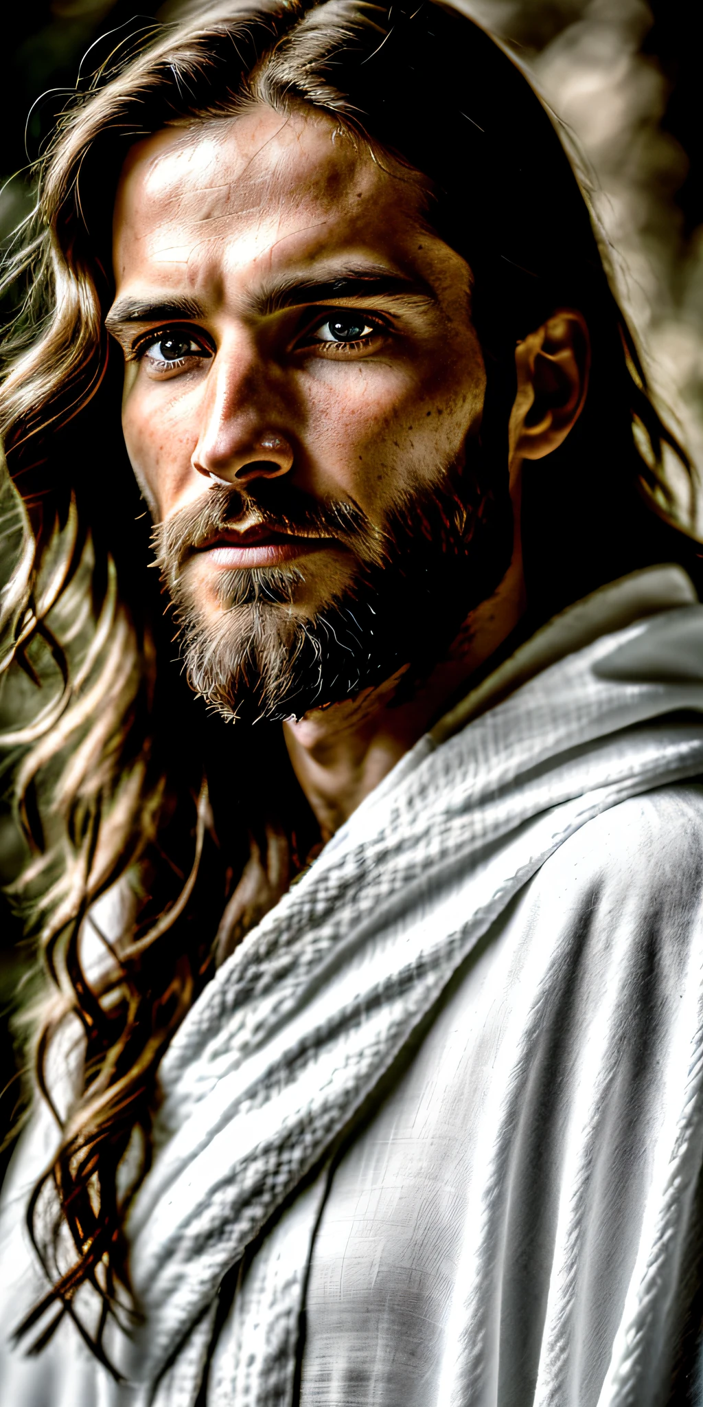 image of a man with long hair and beard in a white robe, dressed as Jesus Christ, Jesus Christ, arms crossed, by Matthias Weischer, wearing a long robe a white robe,world winner of press photos,(award-winning photograph:1.3) (very sharp photo:1.1), (8k, RAW photo, best quality:1.3), (realistic, photo-realistic, male, modest clothes:1.1),  Craggy mountain range, rocky terrain, dramatic peaks, cold, challenging, inspiring, style (look at the viewer: 1.2) (skin texture) (film grain: 1.3), (warm hue, warm tone: 1.2), cinematic light, side lighting, ultra high res, best shadow, RAW, upper body, Microgeometry, skin elasticity, light scattering through the hair, ambient occlusion, multilayer skin shading,  facial muscle simulation, iris and pupil rendering, advanced color classification, nature