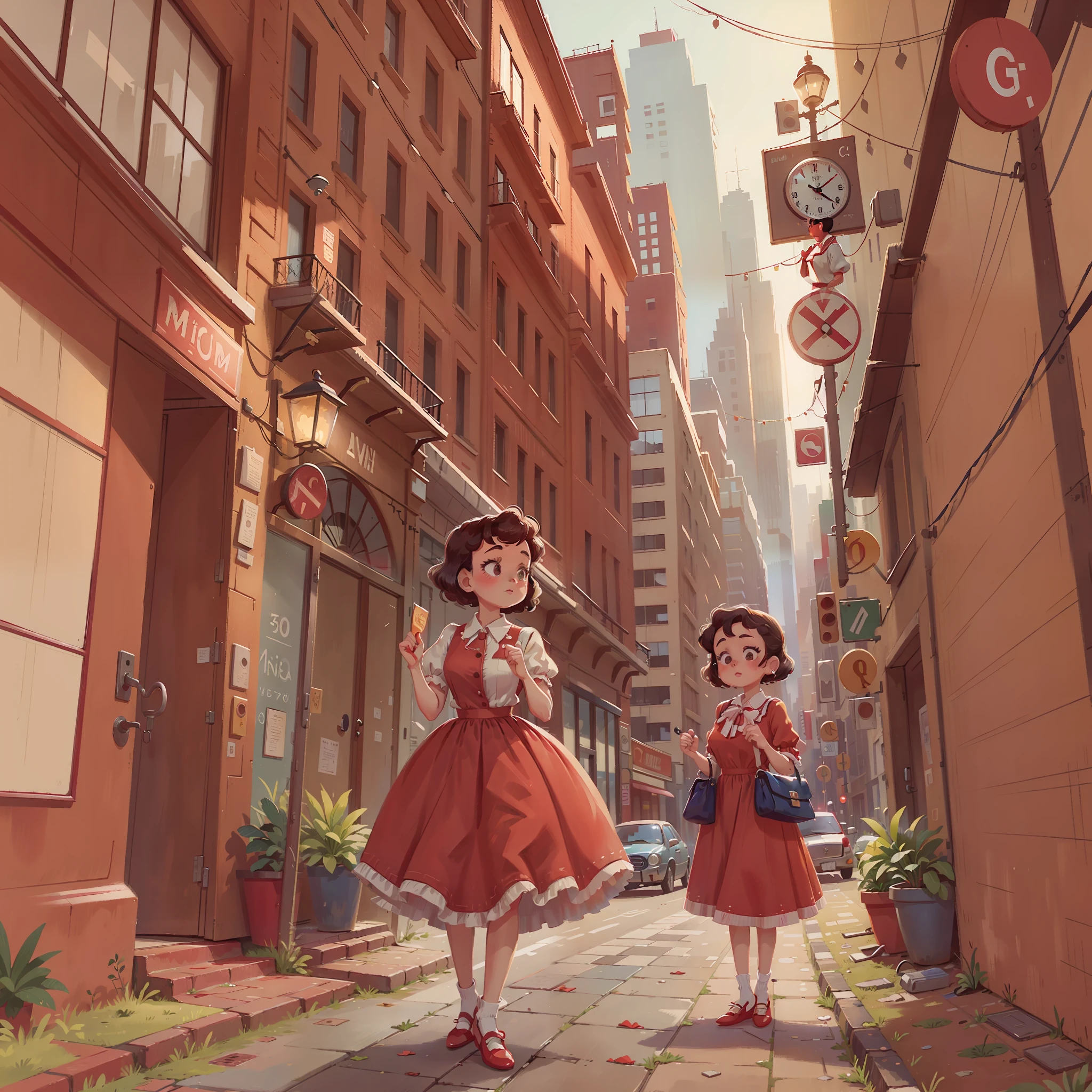 Lady dressed in 50's style dress greeting Midi with red shoes dressed with poá in a beautiful chic metropolitan place --auto --s2