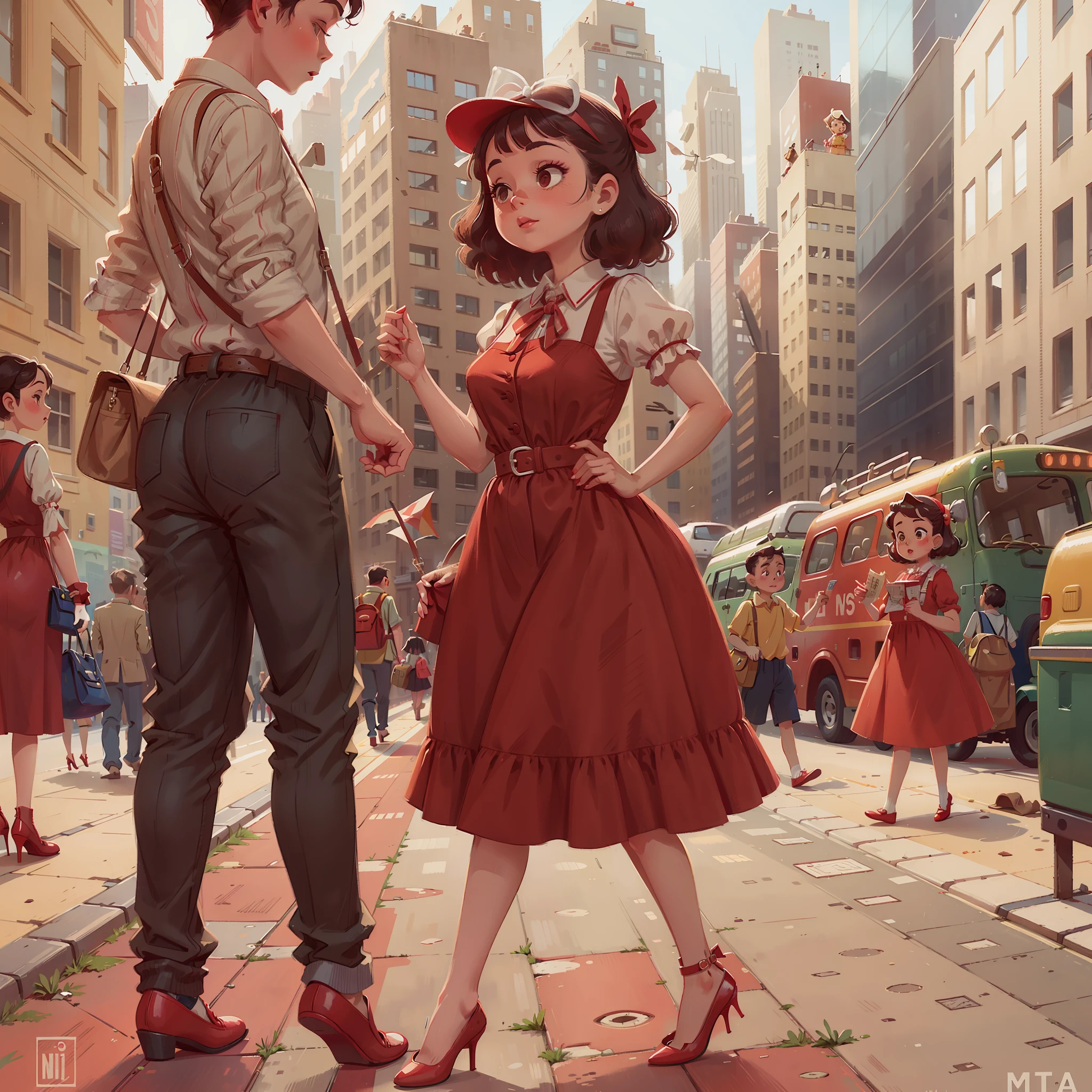 Lady dressed in 50's style dress greeting Midi with red shoes dressed with poá in a beautiful chic metropolitan place --auto --s2