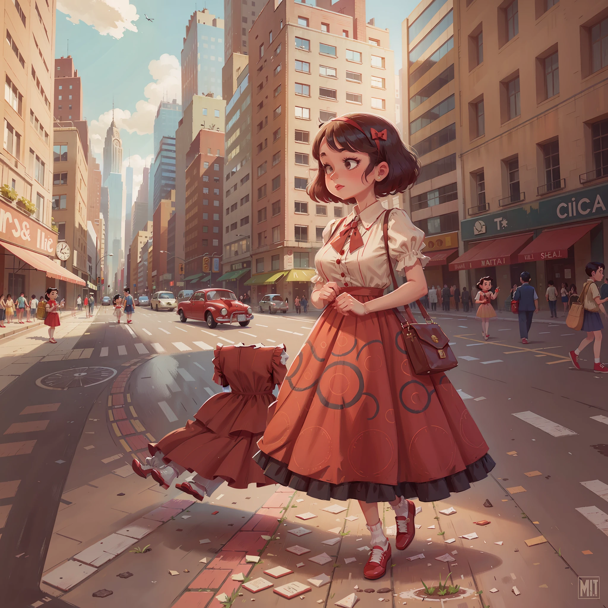 Lady dressed in 50's style dress greeting Midi with red shoes dressed with poá in a beautiful chic metropolitan place --auto --s2