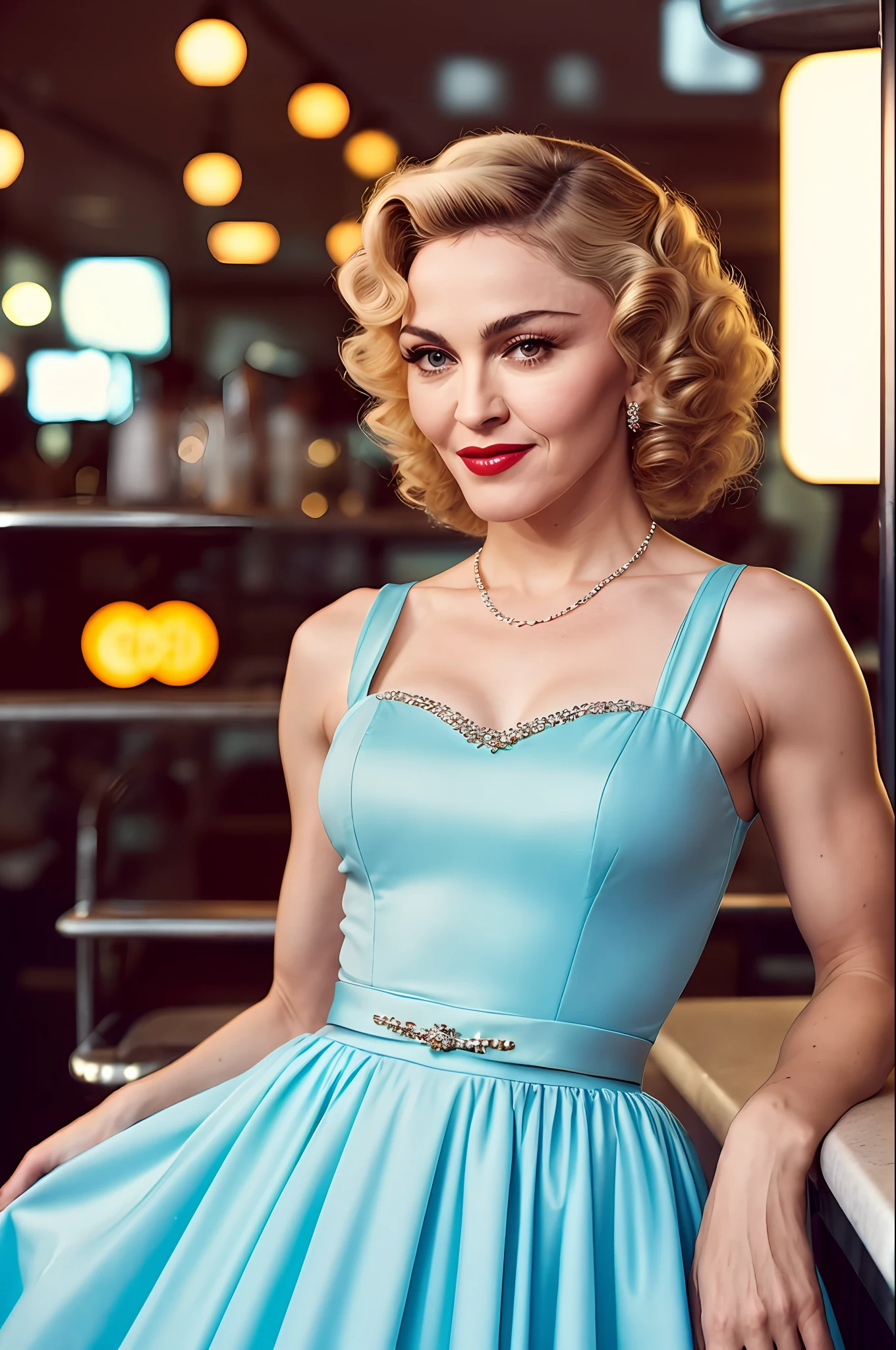 Madonna, 1girl dressed in a dress inspired by the 1950s, complete with a full skirt and petticoat, her hair combed into classic pin curls. She should be sitting in an old-fashioned diner, surrounded by vintage details like a jukebox, chrome accents and neon signs. Your eyes should be glowing with excitement, your skin flawless and glowing under the soft, dramatic lighting. This scene should be captured on 35mm film, with a beautiful depth of field and a slightly blurry, nostalgic background,
Filmg,
