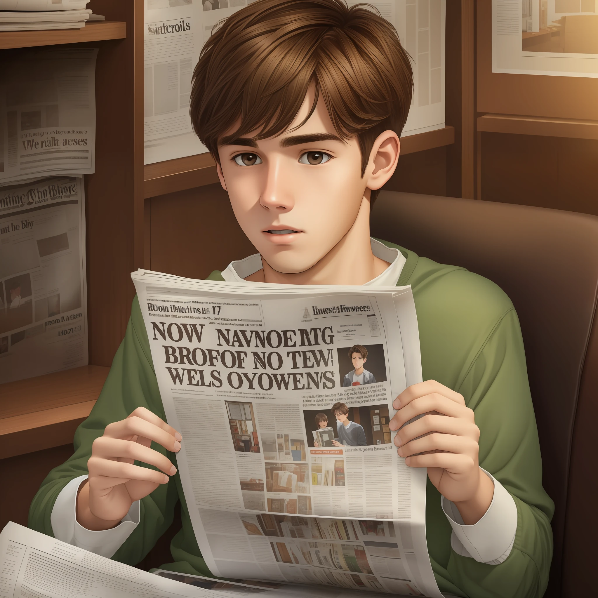 Young 17-year-old boy brown hair brown eyes reading a surprised newspaper