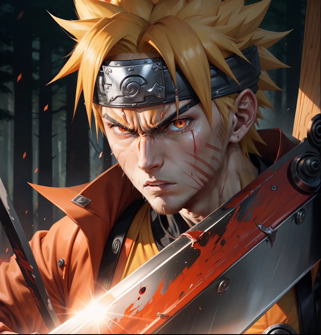 Naruto Uzumaki, face full of blood, royal blood, sword blade, blood-stained clothing, orange clothing, (hateful face, violent look, angry face), light blue eye, masterpiece, best quality, forest in the background