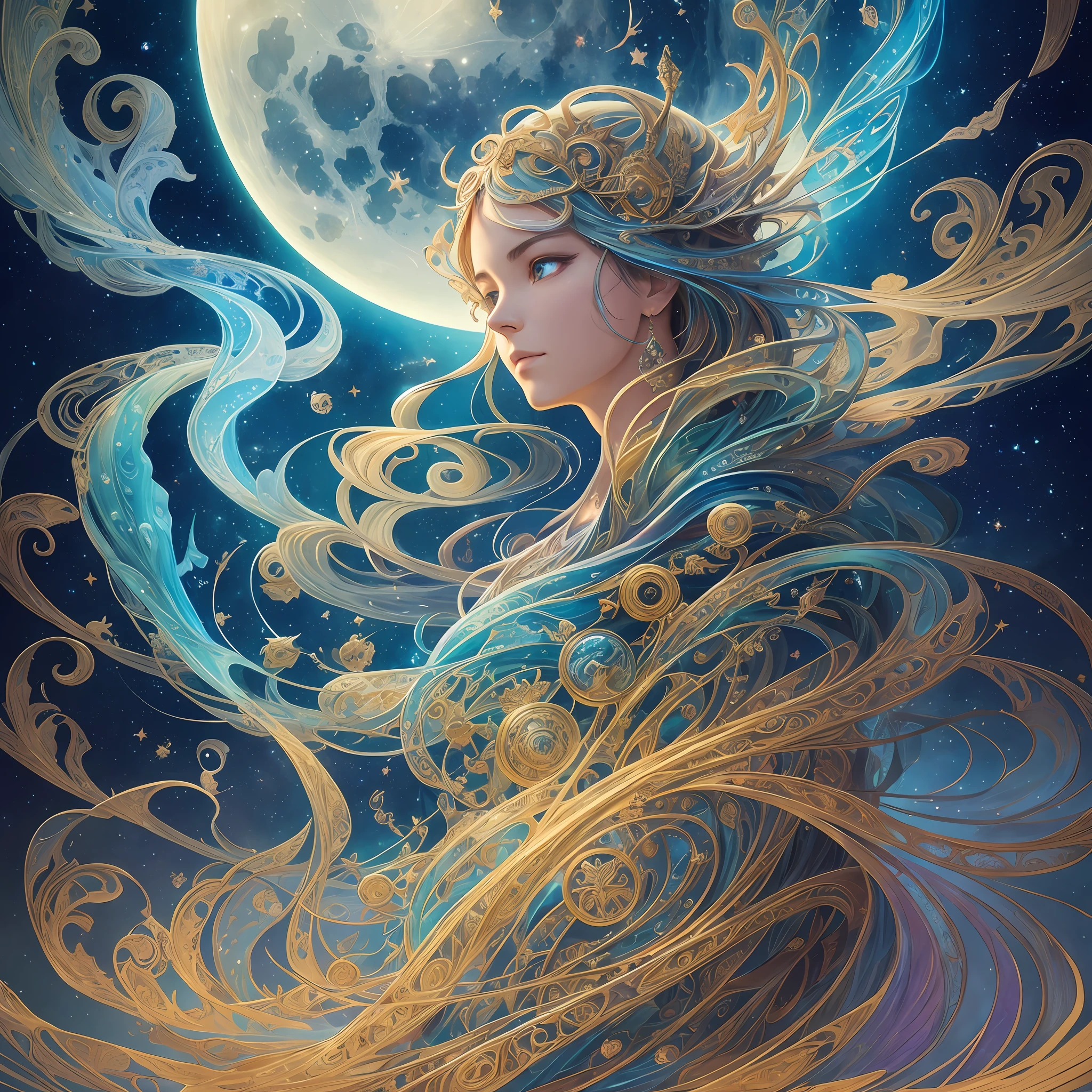 An intricate and elaborate painting of a starry flowing liquid made of the night sky, stars, and the moon. fluid ornaments and meticulously detailed, creating a colorful and hypnotic masterpiece. by Brian Froud, Ferez, Arthur Rackham, Beeple, Epic Scale, features triadic color scheme cinematic lighting in 16k resolution. The breathtaking artwork depicts a stunning reflection of the cityscape by the lake, with a full moon and stars in the background. The hyperdetailed clouds are sharp and highly defined, making the environment clear and immersive. The colors are deep and vibrant, creating a gorgeous and astonishing scene. evokes a feeling of wonder, awe, fantasy, and excitement, taking the viewer on a journey into a fairytale world. The Sci-fi fantasy mystical Van Gogh Studio Ghibli style adds a playful and cheerful touch to the composition. The painting is a digital art masterpiece, created using Cinema 4D and 3D liquid detailing, with a matte background and a panoramic and atmospheric view. The artwork features subtle gradients, muted maximalism, vibrance, glow, wet surface, and fine details, creating a comforting, delicate, elegant, ethereal, and soothing ambiance. thin, delicate lines, creating a lacy and filigree-like effect that adds to the intricate and ornate appearance of the pattern. The painting is a composite of different elements, including fantastical and iridescent themes, art nouveau, rococo, scenic views, and diffused lighting. The hyperrealism and cinematic atmosphere create an epic and highly detailed scene that shifts colors and metals. The artwork is a masterpiece of digital art, with 16k resolution, CGSociety, Artstation, Adobe After Effect, ZBrush Central, fantasy art album cover art, and 4K 64 megapixels 8K resolution HDR. Unique Original Artistic Elegant Graceful Stunning Mesmerizing Alluring Delightful Enthralling Playful Charming Soothing Peaceful Joyful.Impressive Powerful Dynamic Energetic Colorful Bold Intricate Detailed. --a --auto --s2
