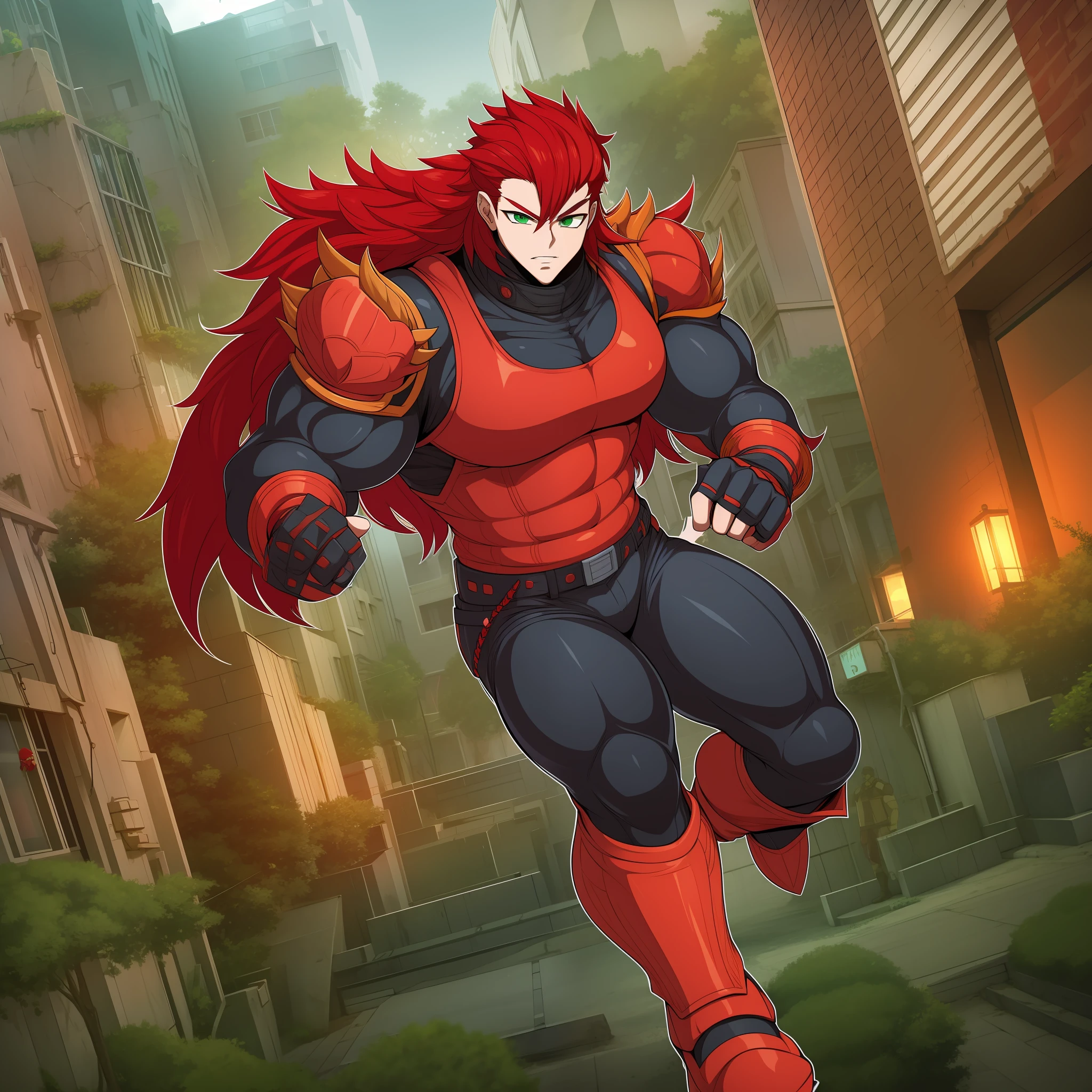 red hair, full armor, sentai hero, muscular man long hair, pants, vest, mantea, black cloths, full body, green eyes