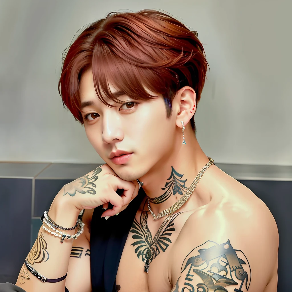 Jeon jungkook of Bts, shirtless with his arm tattooed, with army written on his left hand and pircing on his mouth