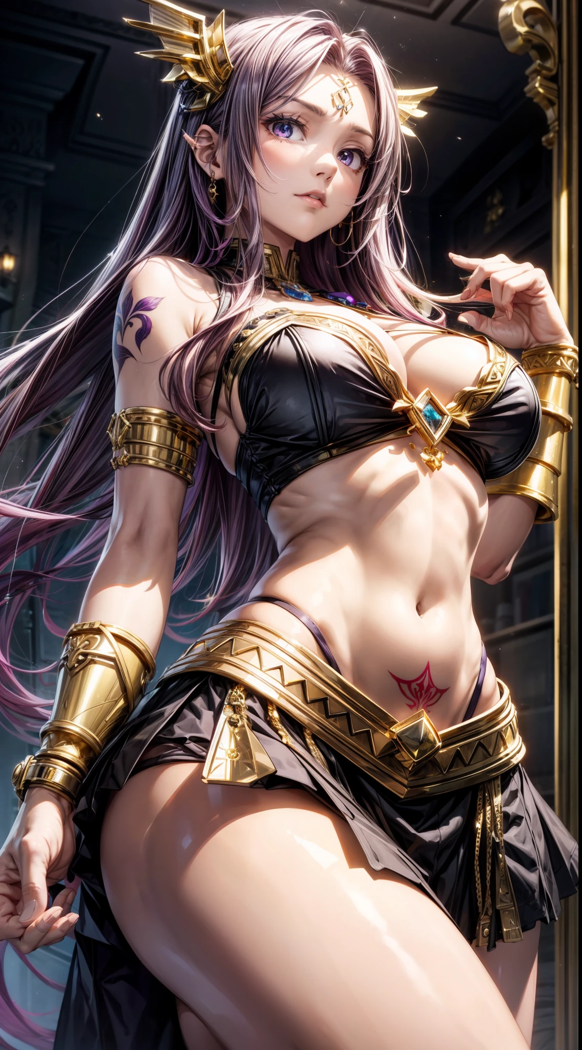 masterpice, best quality, 1girl, solo focus, arm tatoo, bracer, cleavage, medium breasts, purple long hair, black skirt, toned, navel, extremaly detailed eyes, good hands, best quality, absurdres, soft lighting, looking at viwer, egyptian servant girls, wide hips, mature female, yellow eyes, curvy, gold jewelry, dutch angle
