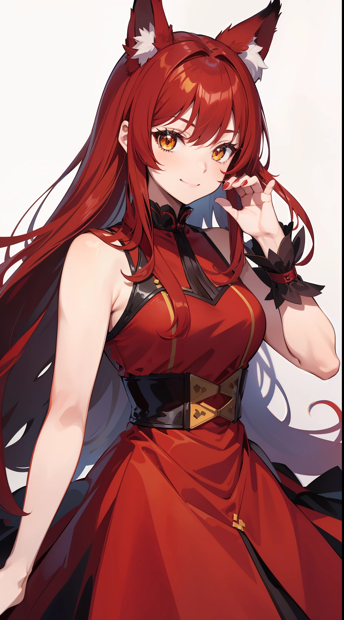 Adult girl, long red hair, high ponytail, yellow eyes, fox ears, red rich dress, open shoulders, smile, masterpiece, high quality