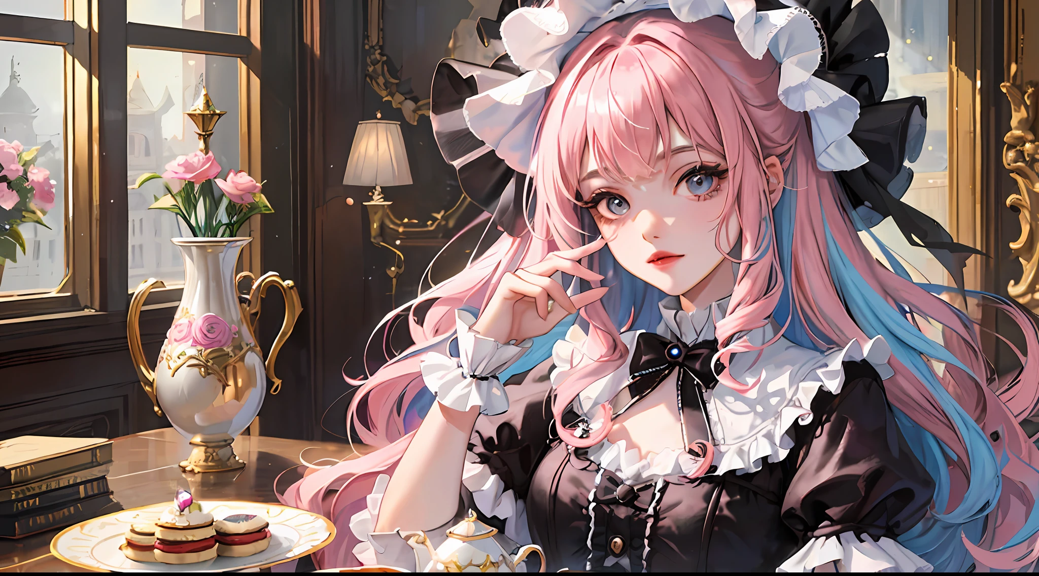 1girl, extreme detail, ta, loliashion, frills, intricate and gorgeous, gloves, afternoon tea, ponette hat, curly hair, macarons, cream, colorful, pink hair, blue hair, gradient pick dye, candy, shiny crystal, shiny, light particles, dynamic pose, dramatic composition, candy hair accessories, colorful dresses, pearls, flowers, embroidery, gem-set