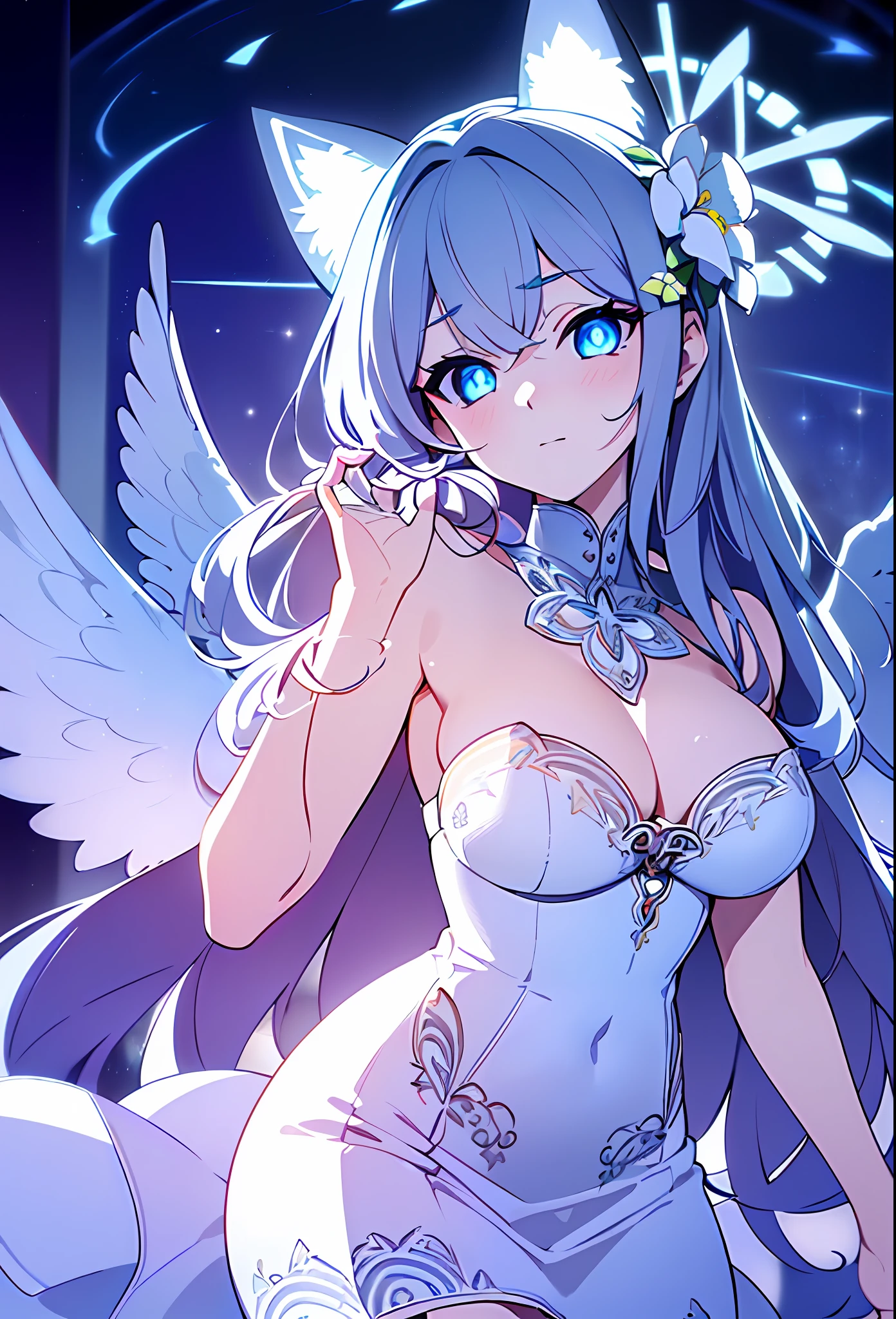 (sunaookami shiroko:1.2), {{{{masterpiece, extremely detailed, intricate details, soft focus, 8K, highres, depth of field, absurdres, high quality facial shadowing, dynamic shadowing, extreme shaders, cinematic lighting, perfect lighting, soft lighting, hazy lighting, blurry foreground, lens flare}}}}, best quality, asian qualities, (solo:1.2), (beautiful young girl:1.3), high school girl, {{{extremely detailed girl, perfect anatomy, perfect body}}}, (detailed neon angel halo:1.4), bright blue double halo, (beautiful-detailed waist-length hair:1.3), dark silver hair, luscious curly hair, (hair splayed out:1.2), beautiful-detailed facial structure, detailed beautiful face:1.3, sexy face, cute face, slender facial structure, (detailed face:1.33), (beautiful-detailed eyes:2), big eyes, (detailed clouded eyes:1.3), glowing bright blue eyes, cat eyes, (detailed neon cat ears:1.3), neon blue cat ears, (detailed angel wings:1.4), small white angel wings, (detailed boobs:1.2), medium size boobs, (detailed facial expression:1.1), shy, embarrassed, detailed red blush, (slim waist:1.1), (slim legs:1.1), (detailed hair ornament:1.3), (white flower side hair ornament:1.3), (detailed strapless halter sun-dress:1.5), beautiful-detailed white plain summer dress, (detailed a-line skirt:1.5), beautiful-detailed plain white skirt, winter night, (enhanced background:1.4), snow falling at midnight with clear skies overhead, snow on sidewalks with Christmas lights on tree's surrounded the viewer, (cowboy shot:1.4), (front view:1.3), hazy photo, (warm photo:1.3)