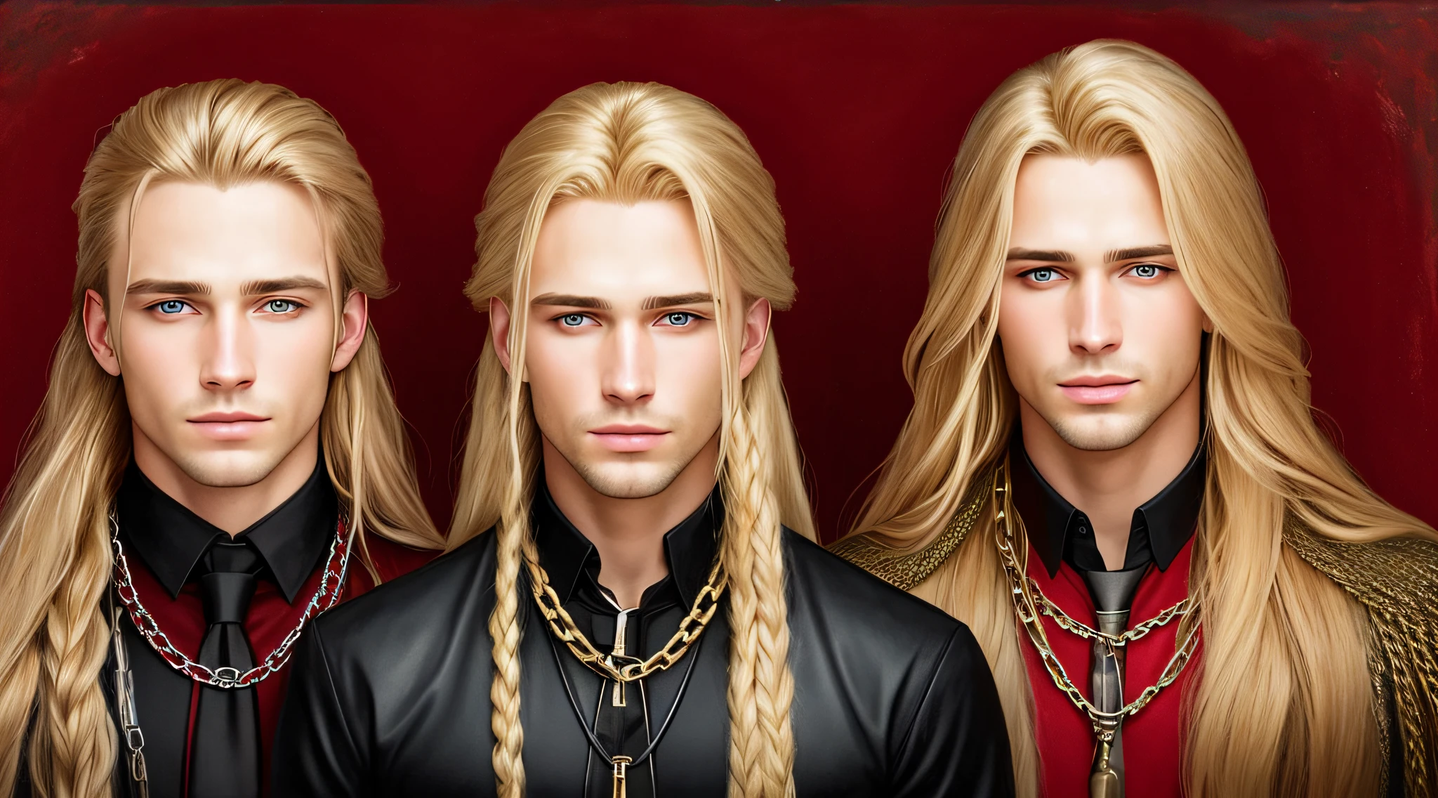 A half body, portrait of 3 German men long blonde hair of 21 years, background of chains, many chains, red.