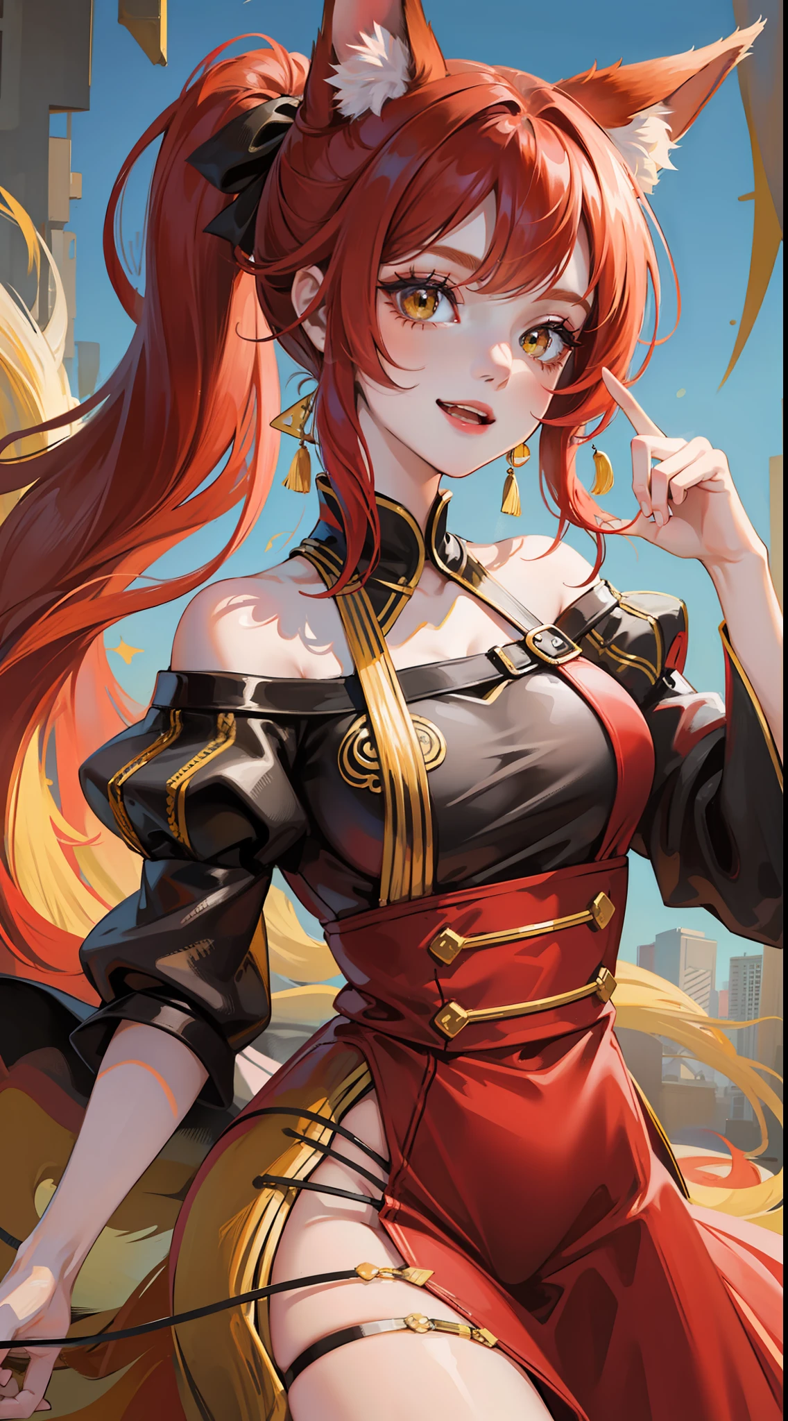 Adult girl, long red hair, high ponytail, yellow eyes, fox ears, red rich dress, open shoulders, smile, masterpiece, high quality