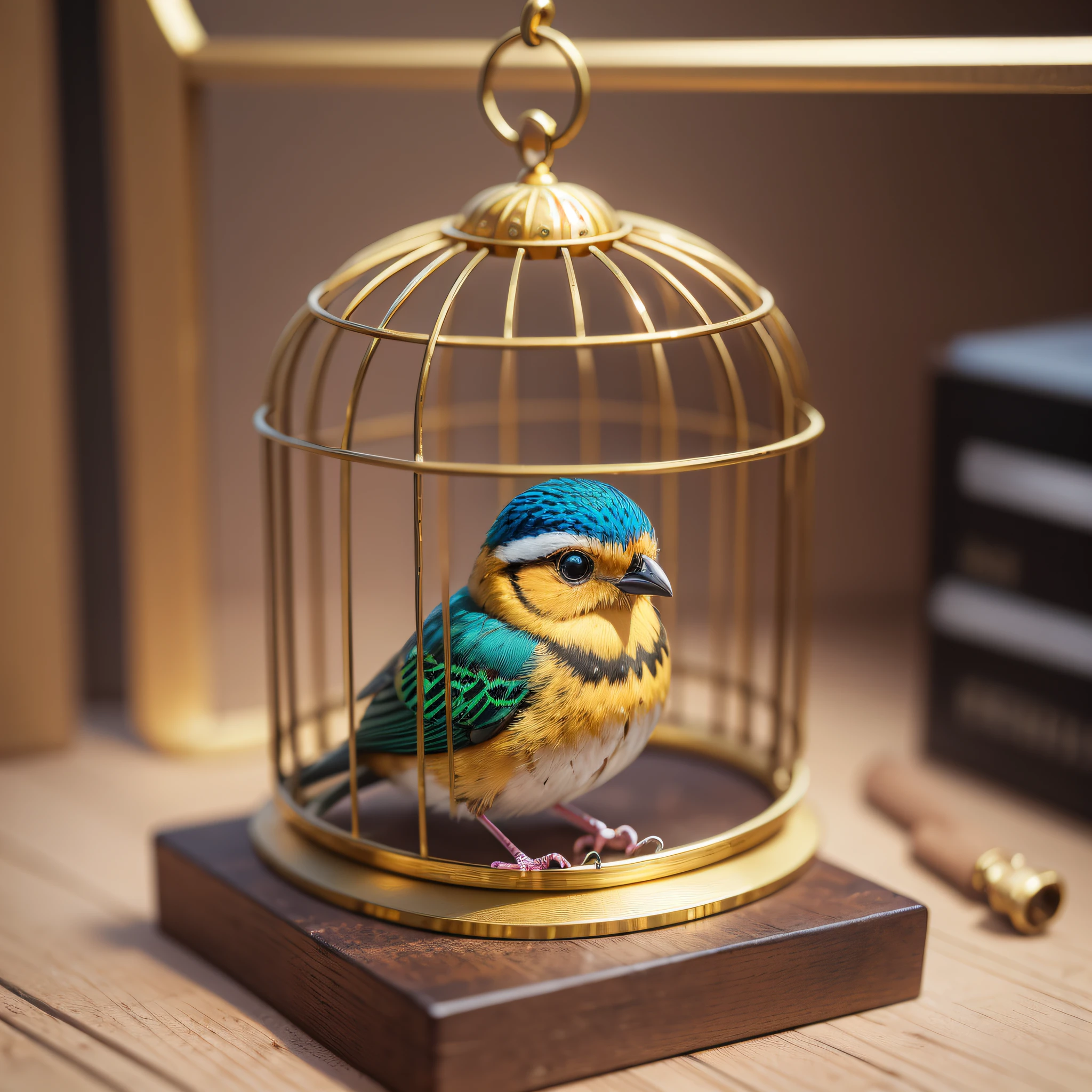 little bird trapped in a golden cage, ultra realistic, 16:9 scale --auto --s2