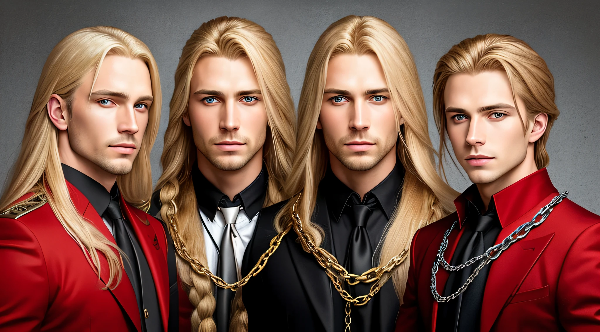 A half body, portrait of 3 German men long blonde hair of 21 years, background of chains, many chains, red.