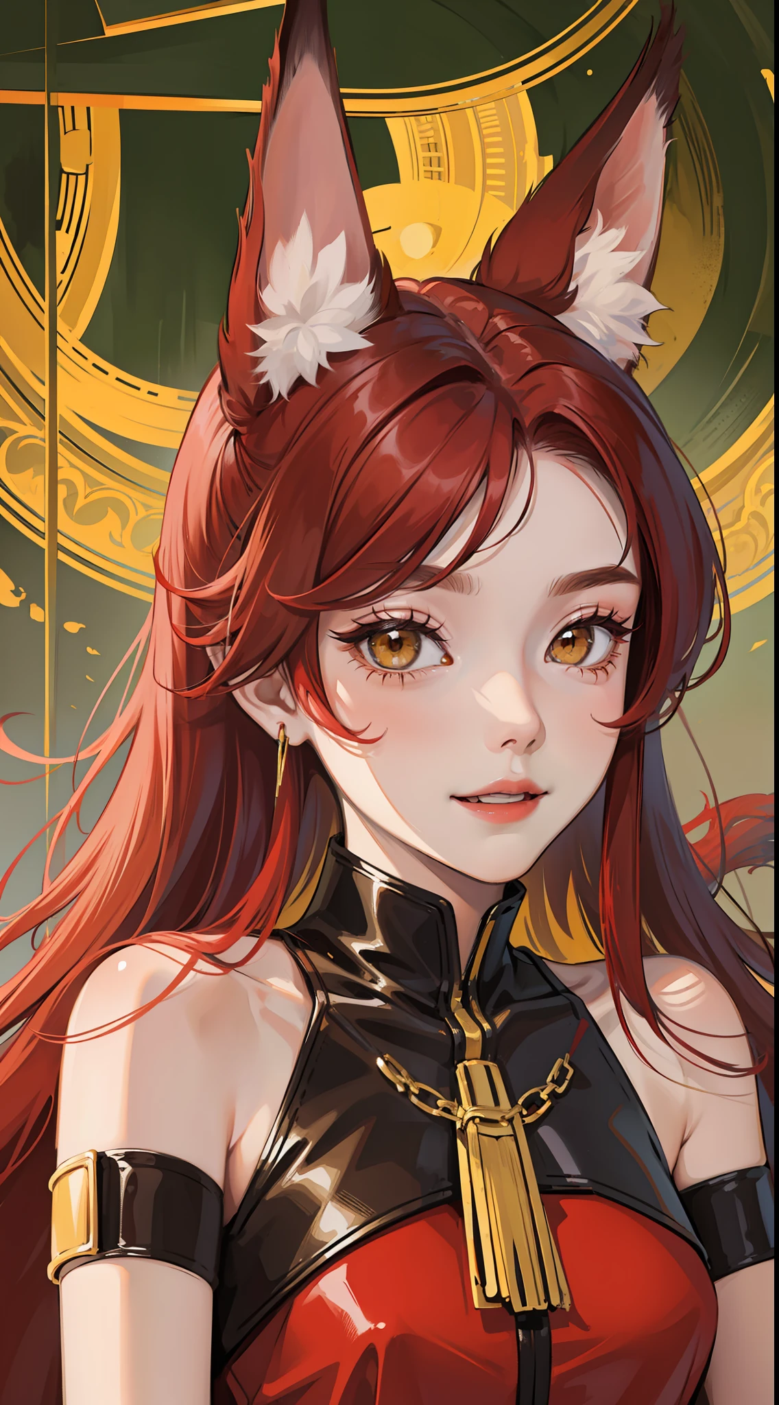 Adult girl, long red hair, high ponytail, yellow eyes, fox ears, red rich dress, open shoulders, smile, masterpiece, high quality