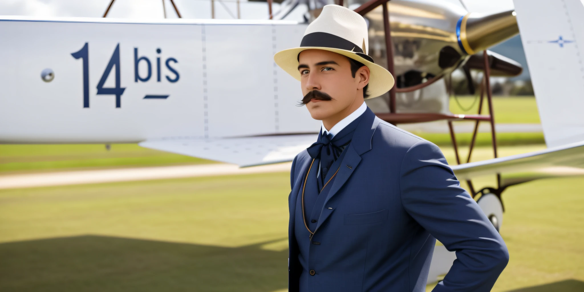 Man in suit and hat standing in front of an airplane, inspired by Ramon Pichot, inspired by Antonio Parreiras, vittorio matteo corcos, inspired by Albert Dorne, wearing clothes from the 1890s, in the Westworld parade, federico pelat, wears an elegant mustache, a suitable man in a hat.  Santos Dumont --auto --s2