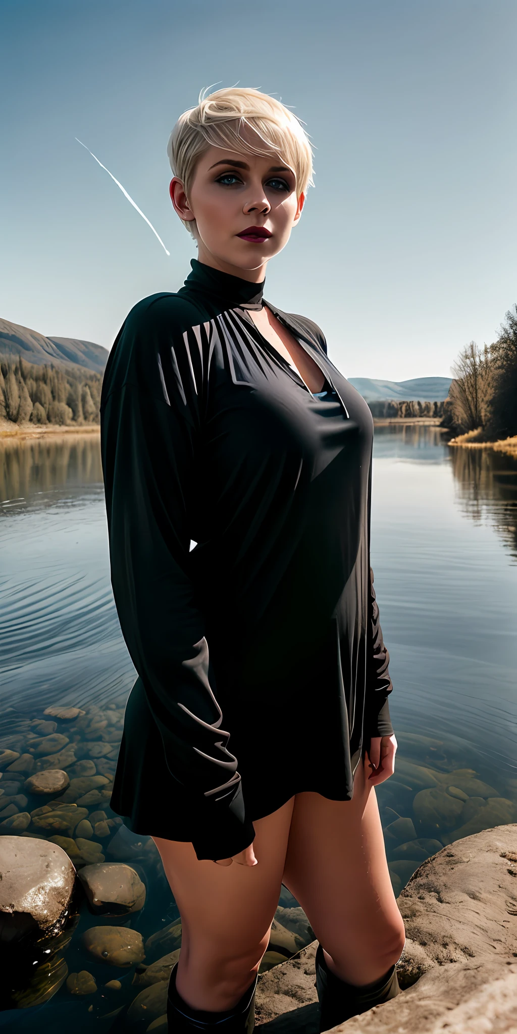 1 young beautiful white swedish blonde woman with blue eyes and short hair, (((pixie cut))), azure eyes, chubby, beautiful figure, (oversized (black) wetshirt in a river), ((upper body selfie, devil_smile)), purple lips, ((chilly skin)), masterpiece, best quality, super detailed, solo, outdoor, (night), mountains, nature, (stars, moon) cheerful, happy, forest, rocks, river, tree, smoke, shadows, contrast, clear sky, analog style (viewer look: 1.2) (skin texture) (film grain: 1.3) , (warm tint, warm tone): 1.2), close-up, cinematic light, side lighting, ultra-high resolution, best shadow, RAW, upper body,