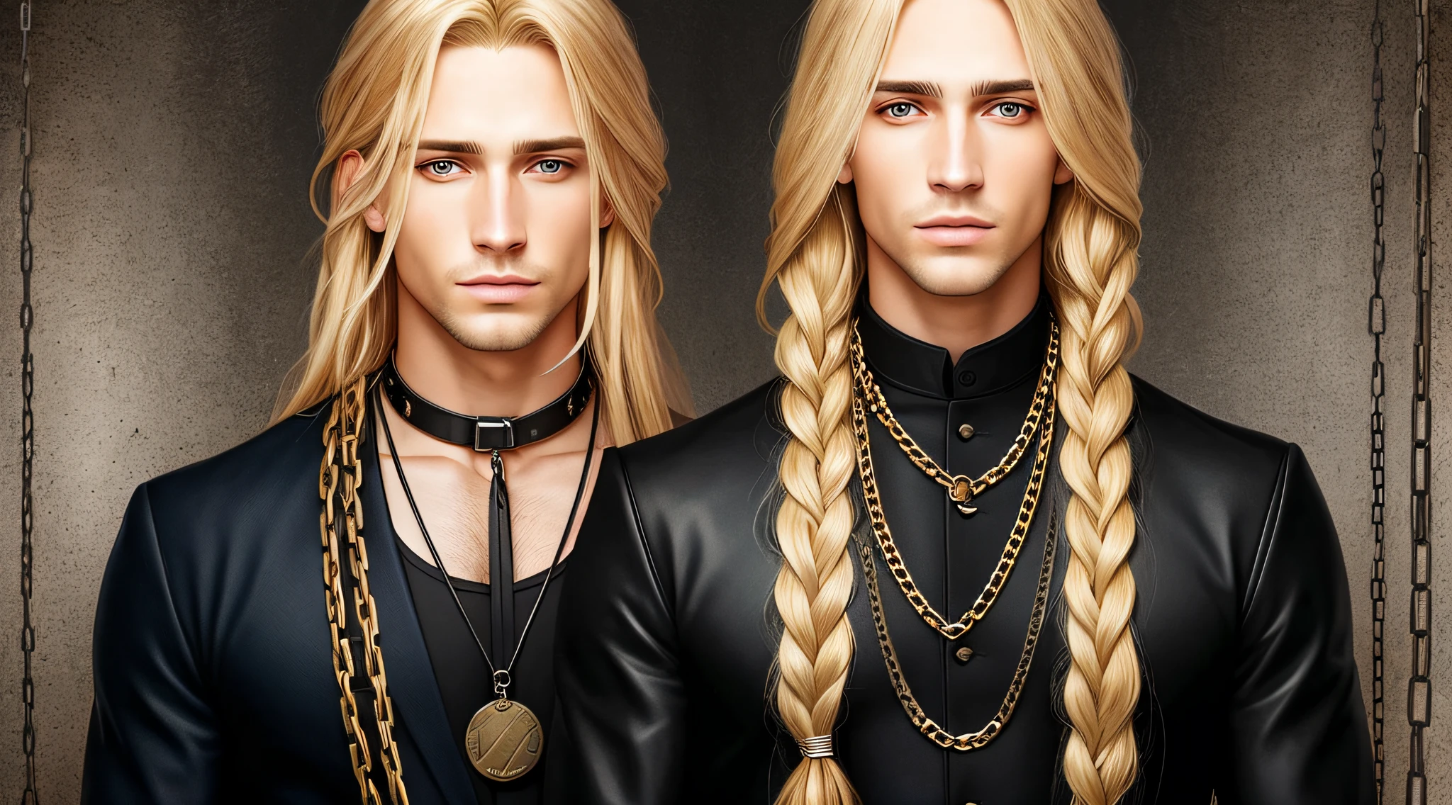 A half body, portrait of 3 German men long blonde hair of 21 years, background of chains, chain, more chains, many chains, red.