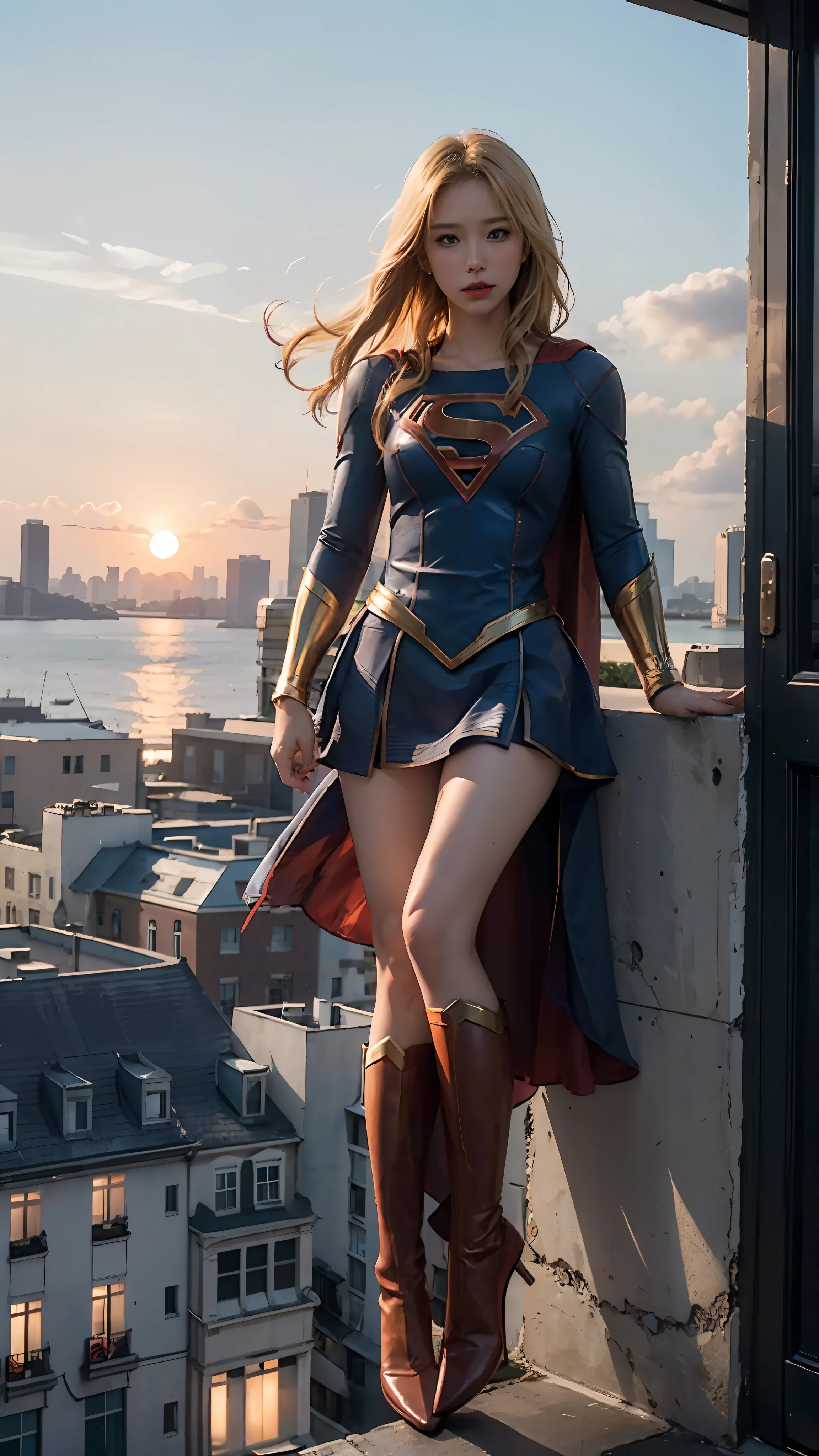 Woman alone, Supergirl costume dress, medium breasts, blonde, evening, city, lots of buildings, sunset, ((floating in the air)), full body, ((from afar)), lying down