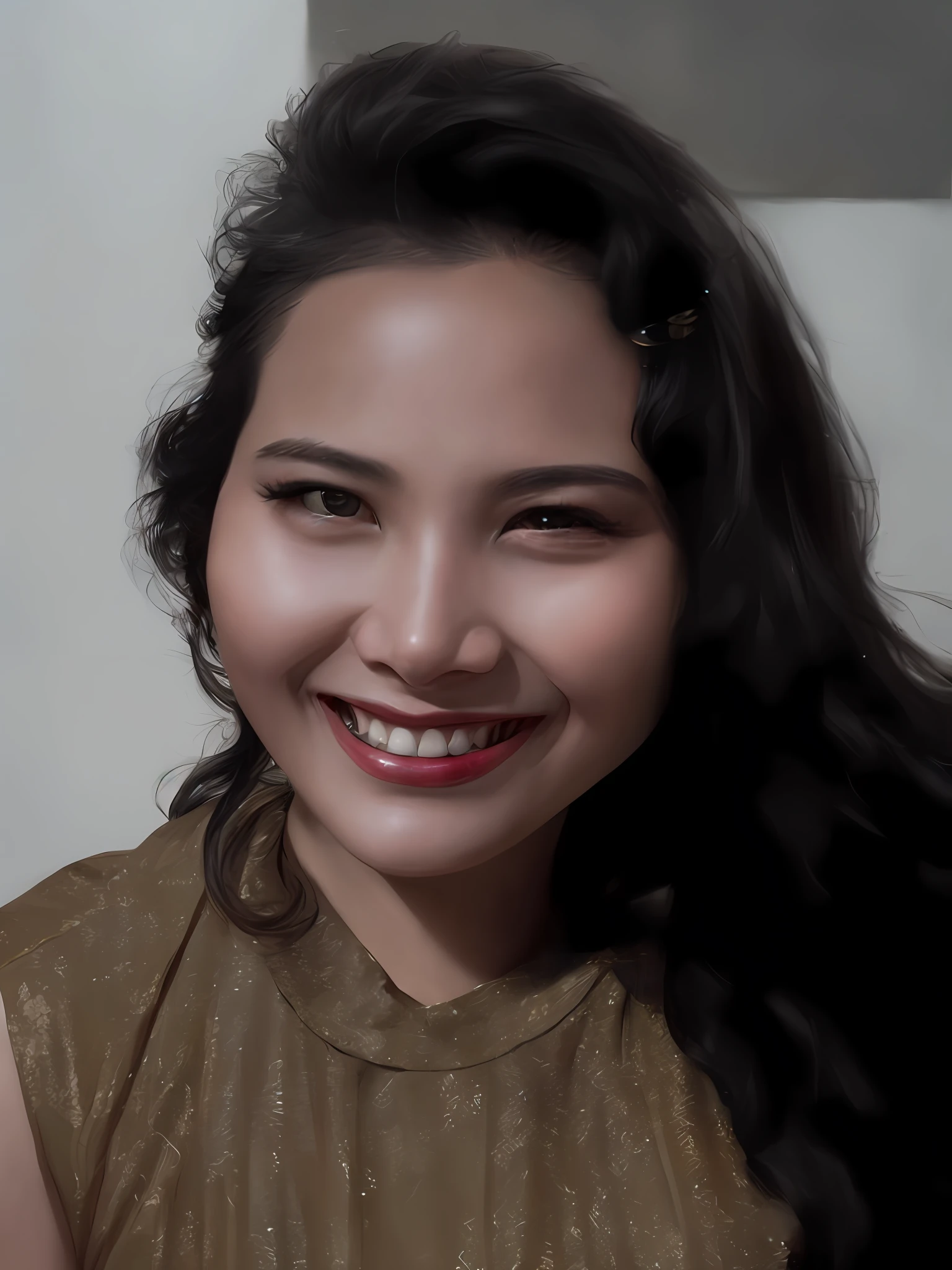 (sharp focus:1.2),(close-up) photo, 30-year-old woman,yoonyoungchae (beautiful face:1.1), detailed eyes, lush lips, (cat's eye makeup:0.85), (black, long flowing hair), wearing brown blouse white background, (smiling lighting: 1.2), depth of field, bokeh, 4K, HDR. by (James C. Christensen:1.2|Jeremy Lipking:1.1). --auto --s2