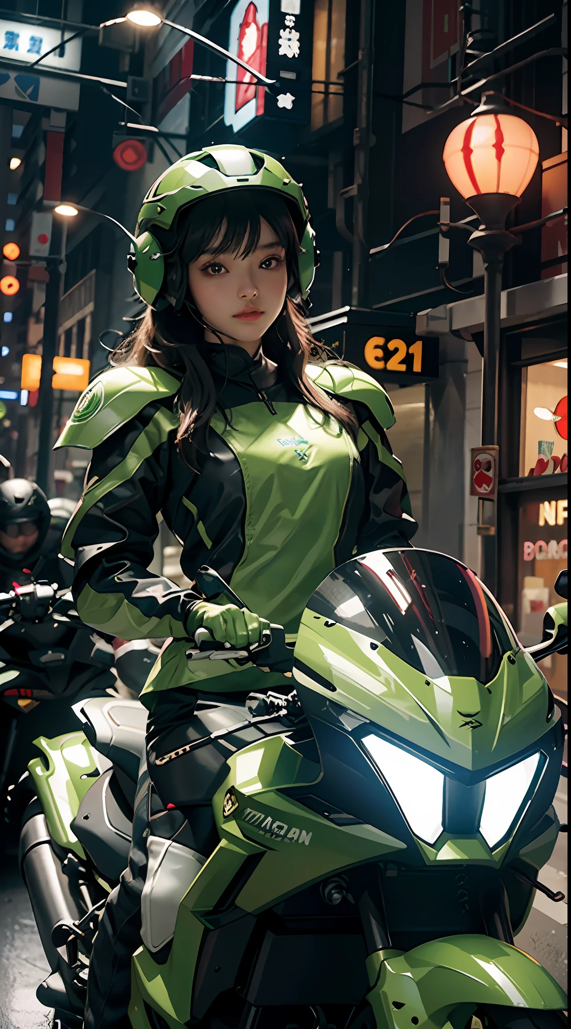 Highest image quality, outstanding details, ultra-high resolution, (realism: 1.4), the best illustration, favor details, highly condensed 1girl, with a delicate and beautiful face, dressed in a black and neon green, wearing a mecha helmet, holding a directional controller, riding on a motorcycle, the background is a high-tech lighting scene of the future city.