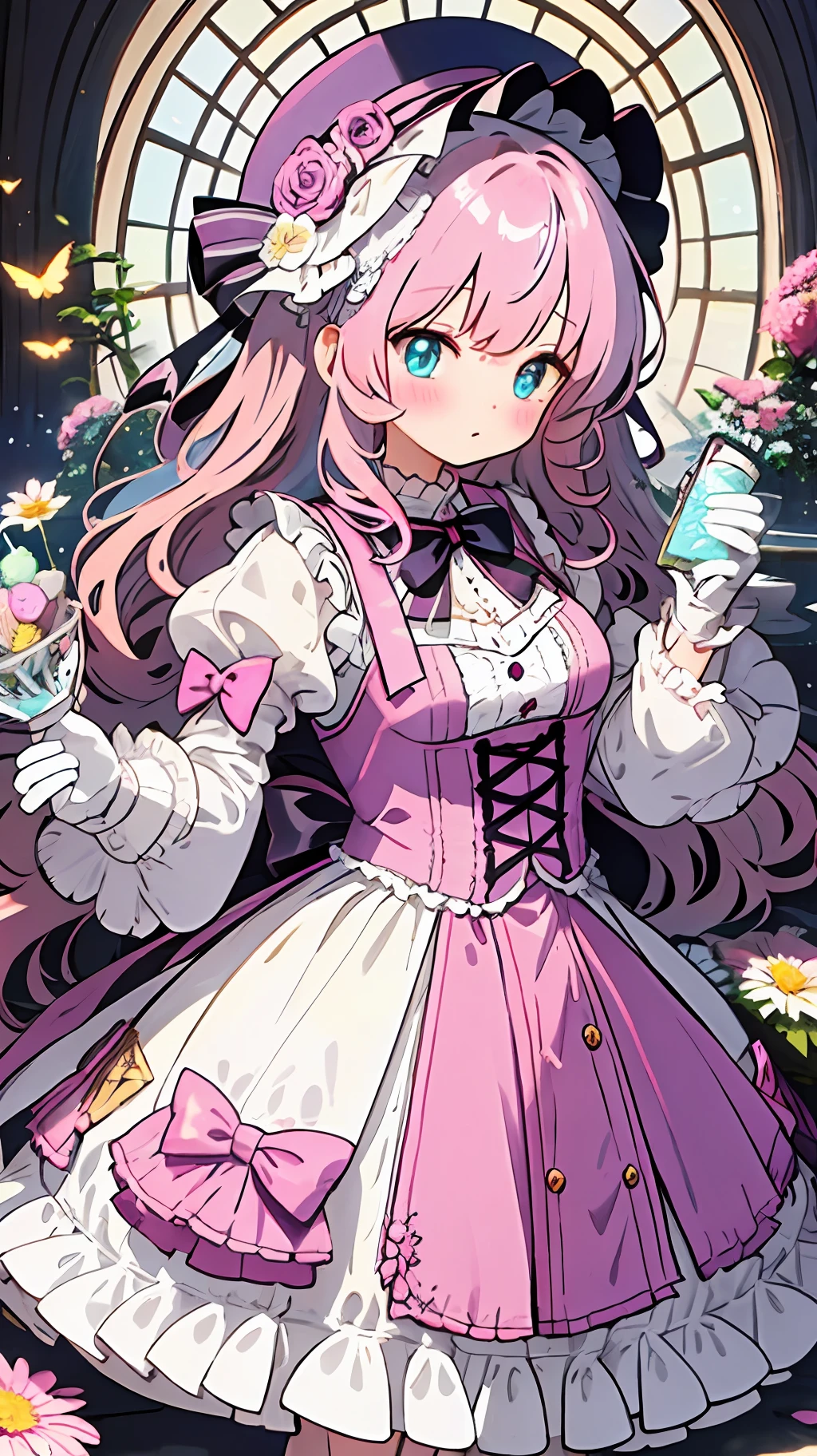 1girl, extreme detail, lolita, lolita fashion, frills, intricate and gorgeous, gloves, afternoon tea, ponette hat, curly hair, macarons, cream, colorful, pink hair, blue hair, gradient pick dye, candy, shiny crystal, shiny, light particles, dynamic pose, dramatic composition, candy hair accessories, colorful dresses, pearls, flowers, embroidery, gem-set