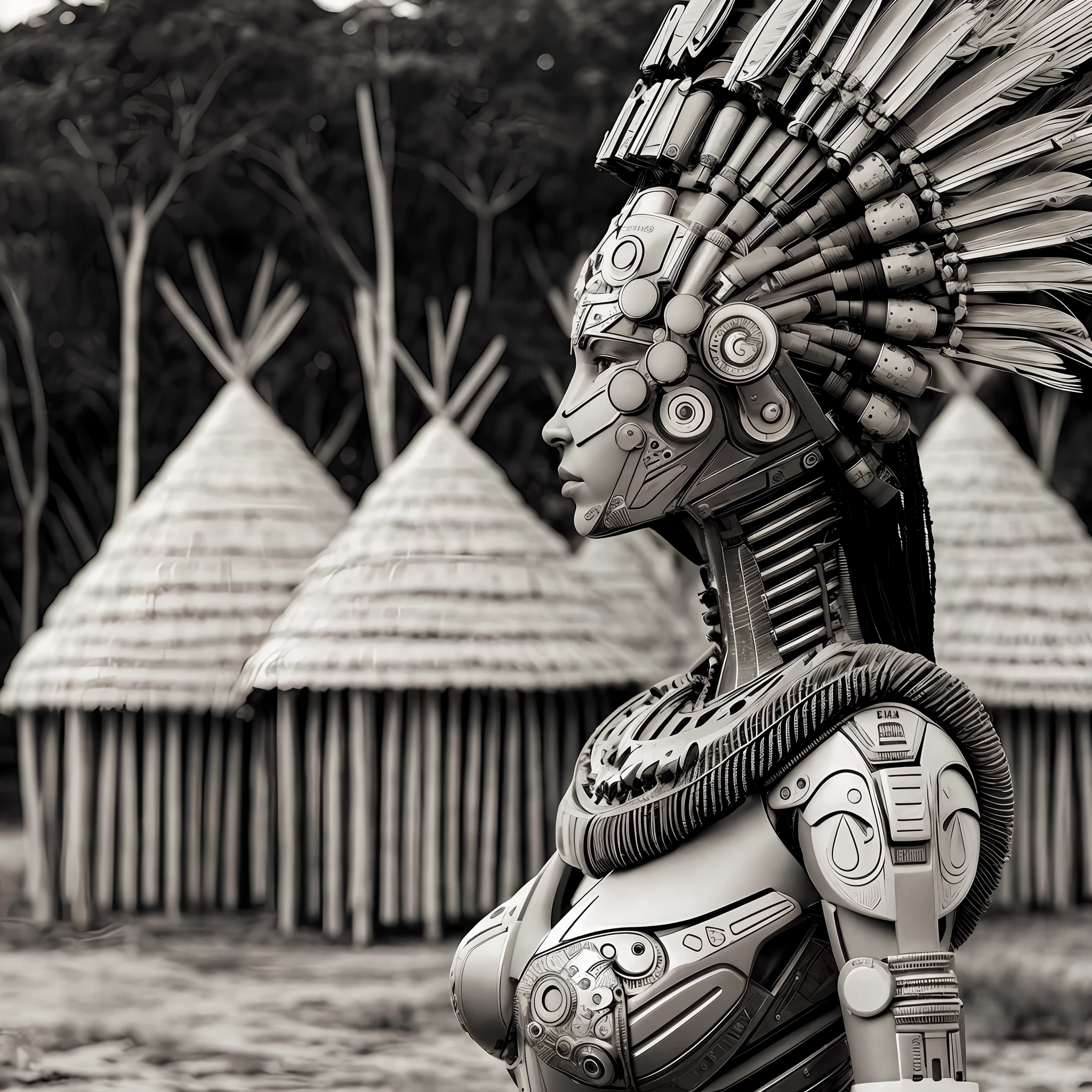 There is a cyborg woman with a headdress in front of an indigenous hollow, Afrofuturism style, African female android, Afrofuturism, tribal armor, wearing tribal armor, mix between tribal and hi-tech, great digital art with details, Aztec warrior goddess, hg giger flora borsi, ancient tribe, humanoid woman, of a futuristic woman selk'nam, ultra detailed and realistic professional photography of sebastião salgado, blurry background
