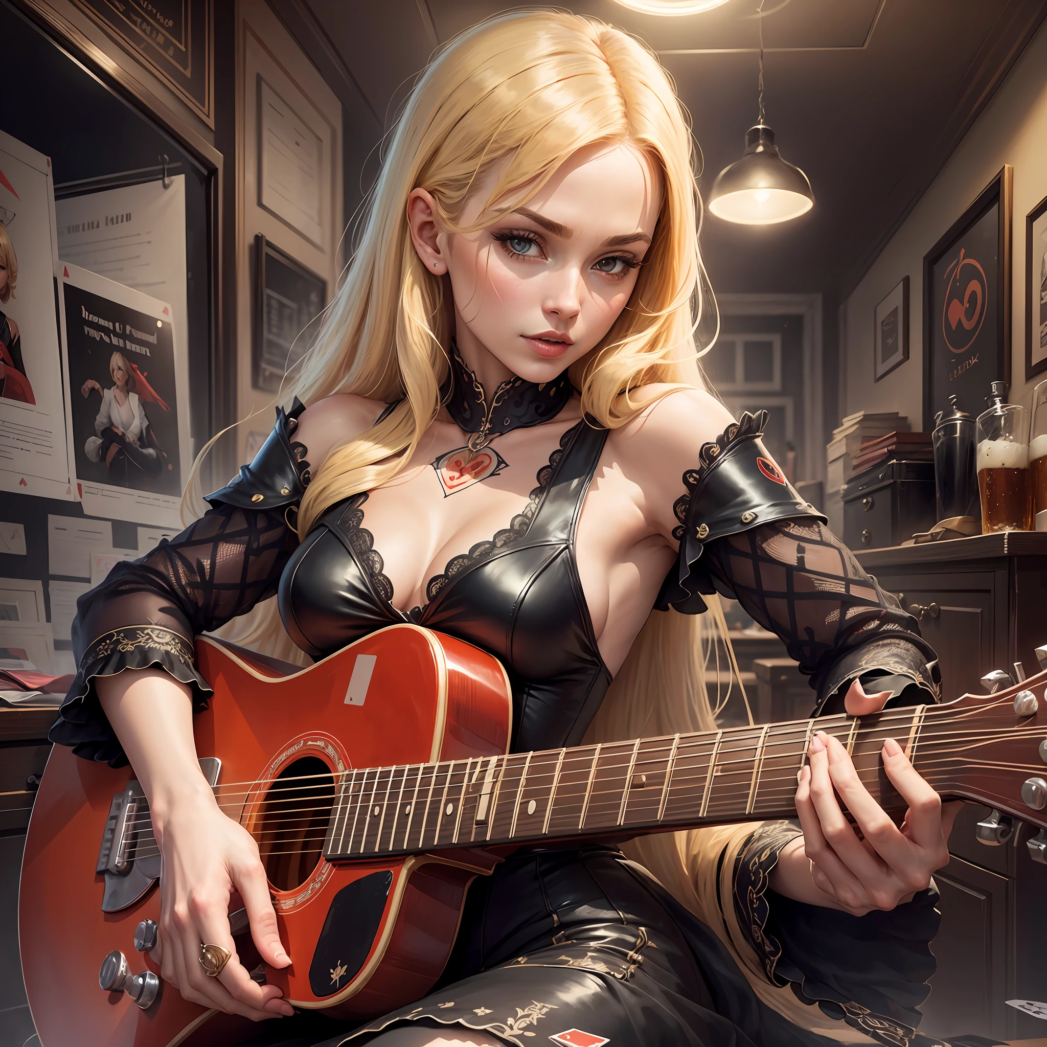 illustration woman, sensual, wearing Dutch dress in the style of Rock, drinking beer in a scenario of playing cards, holding a guitar, blonde hair looking Dutch, showing the whole body. The dress should be sensual, black and red, having details of the symbol of the suit sticks of the deck. --auto --s2