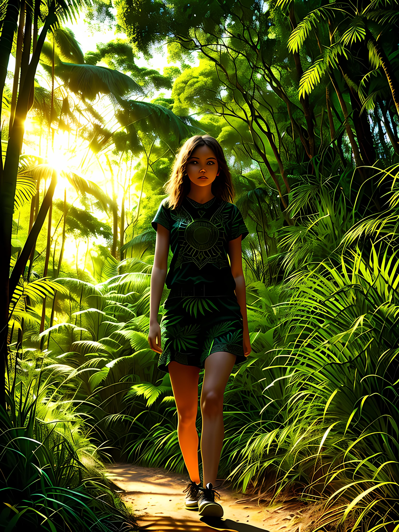 Adventurous girl, front image, walking in the jungle, full body, sunlight with shadows (intricate details), HDR, (intricate details, hyperdetailed:1.2), cinematic plane, centered