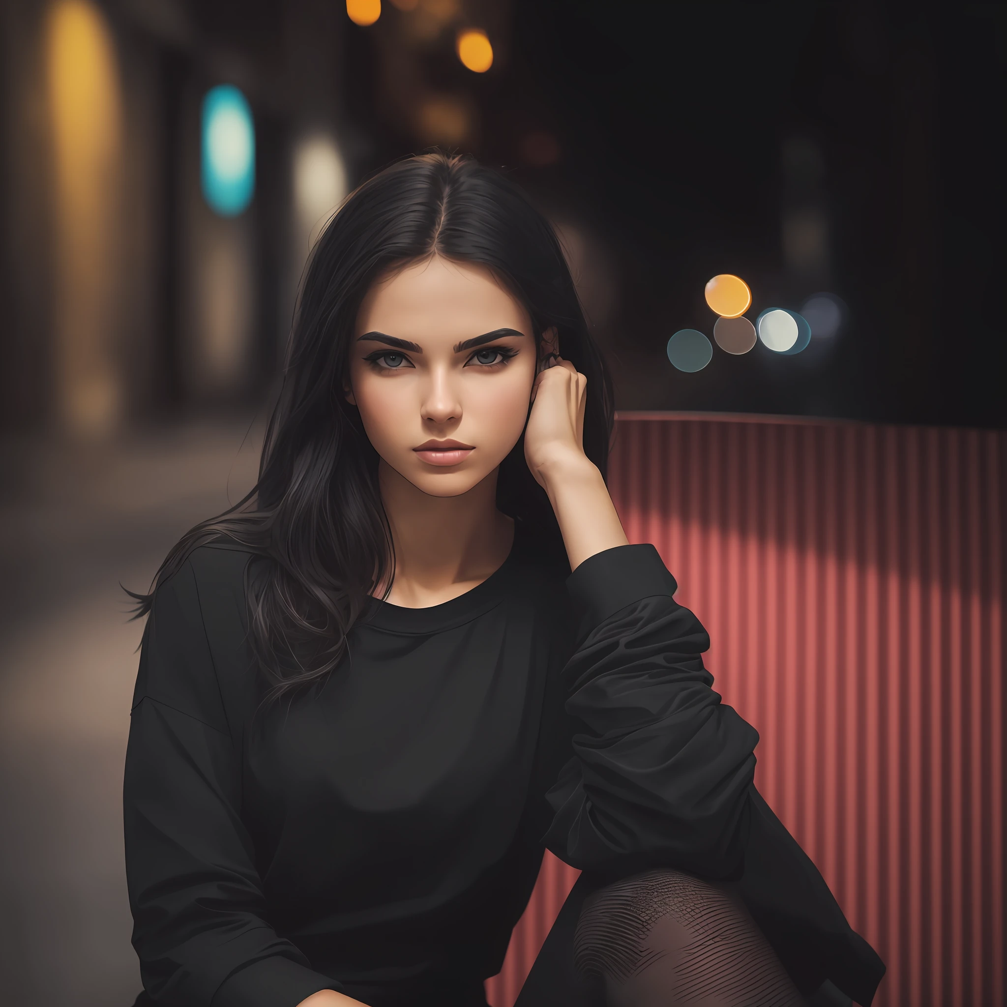Photo model with black t-shirt, sitting, fashion, soft lighting, vibrant colors, masterpiece, ((streets)), night, detailed face --auto --s2