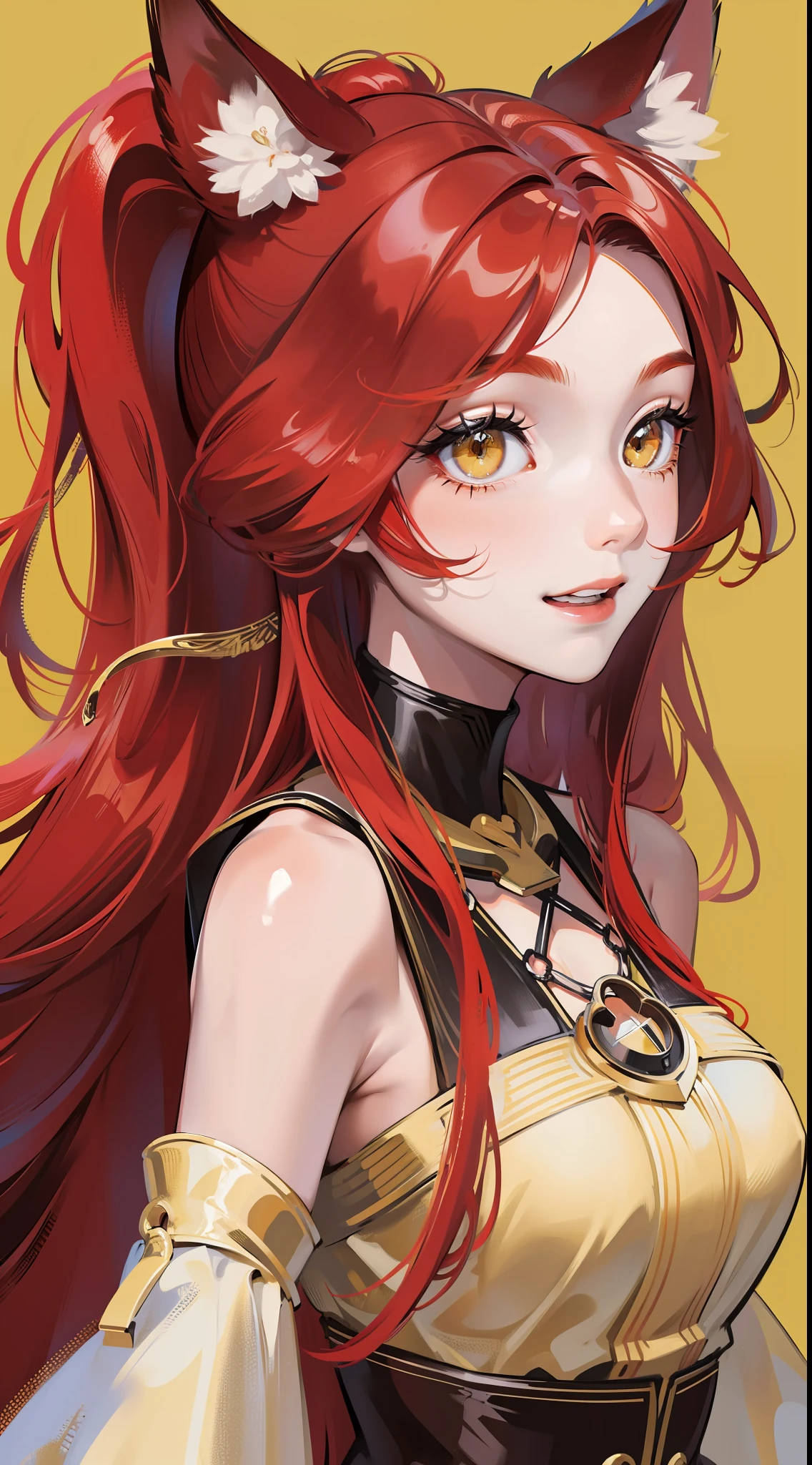Adult girl, long red hair, high ponytail, yellow eyes, fox ears, red rich dress, open shoulders, smile, masterpiece, high quality