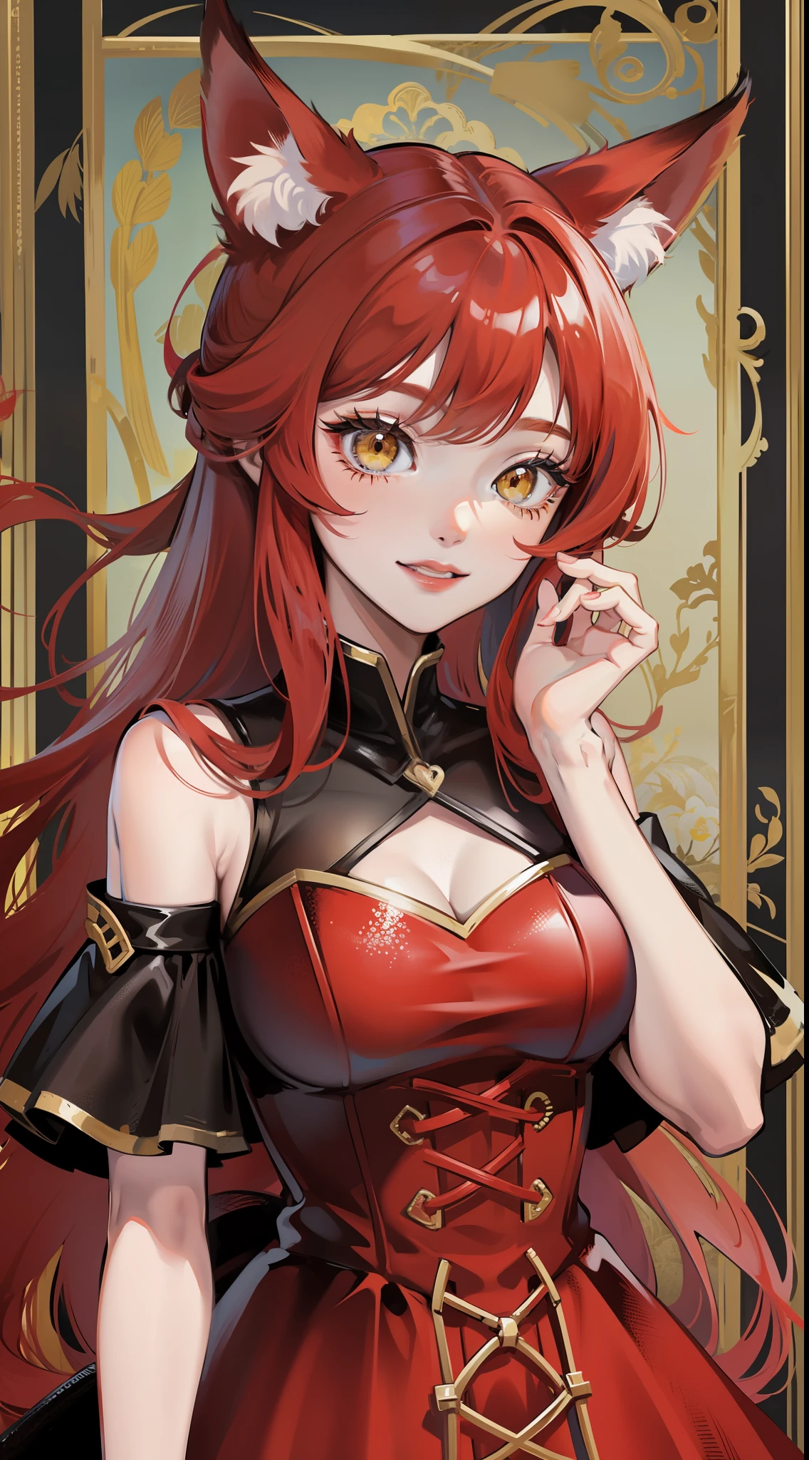 Adult girl, long red hair, high ponytail, yellow eyes, fox ears, red rich dress, open shoulders, smile, masterpiece, high quality