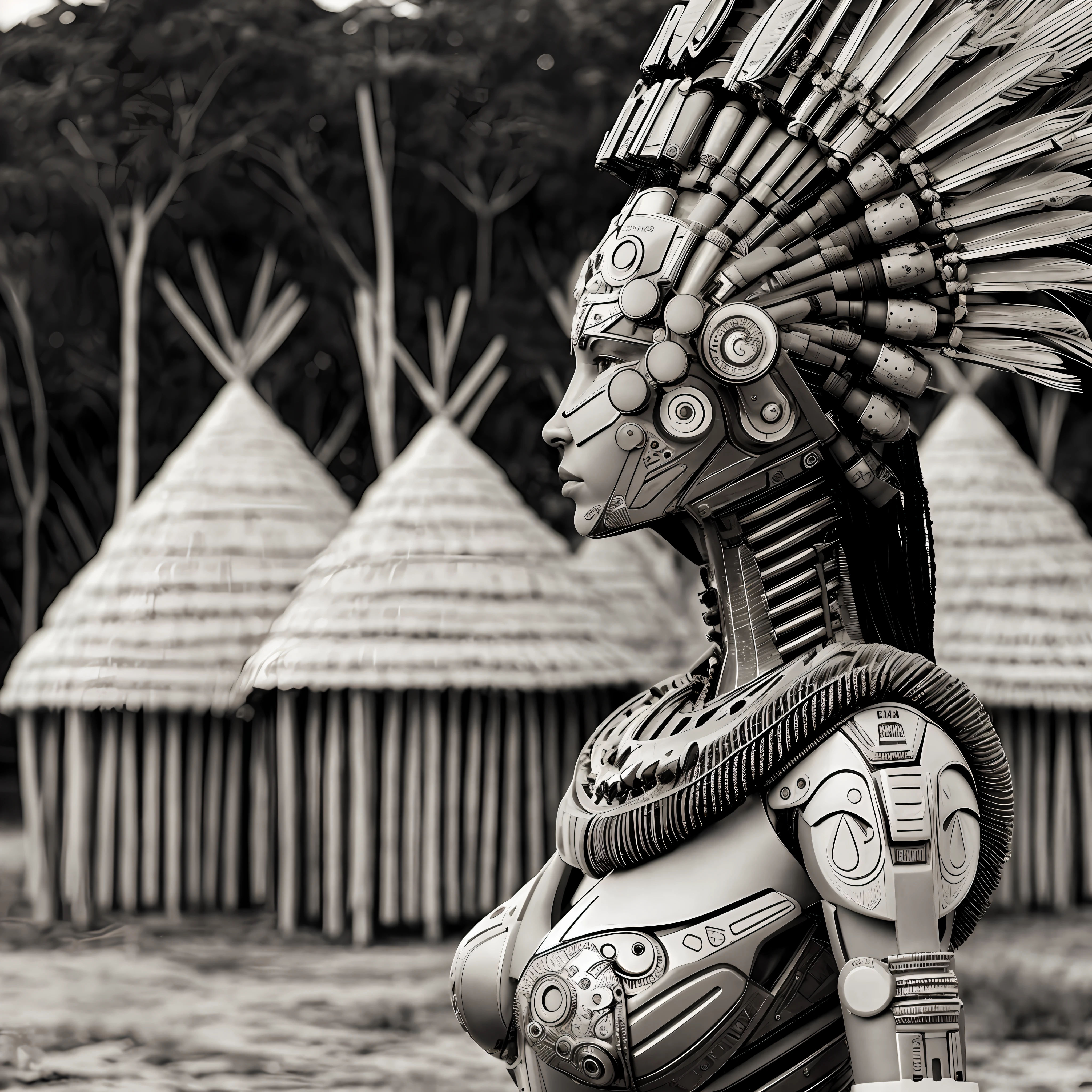 There is a cyborg woman with a headdress in front of an indigenous hollow, Afrofuturism style, African female android, Afrofuturism, tribal armor, wearing tribal armor, mix between tribal and hi-tech, great digital art with details, Aztec warrior goddess, hg giger flora borsi, ancient tribe, humanoid woman, of a futuristic woman selk'nam, ultra detailed and realistic professional photography of sebastião salgado, blurry background