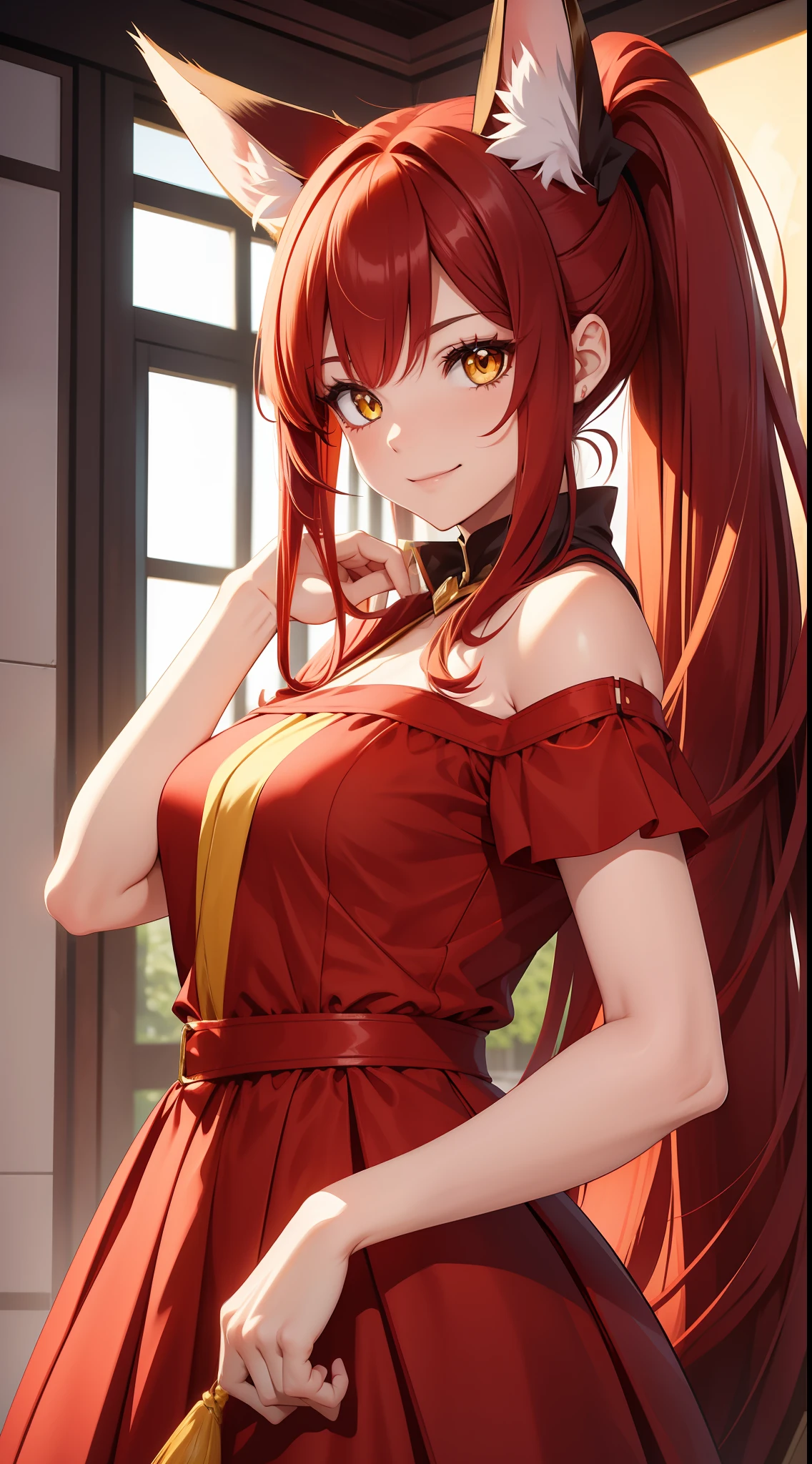 Adult girl, long red hair, high ponytail, yellow eyes, fox ears, red rich dress, open shoulders, smile, masterpiece, high quality